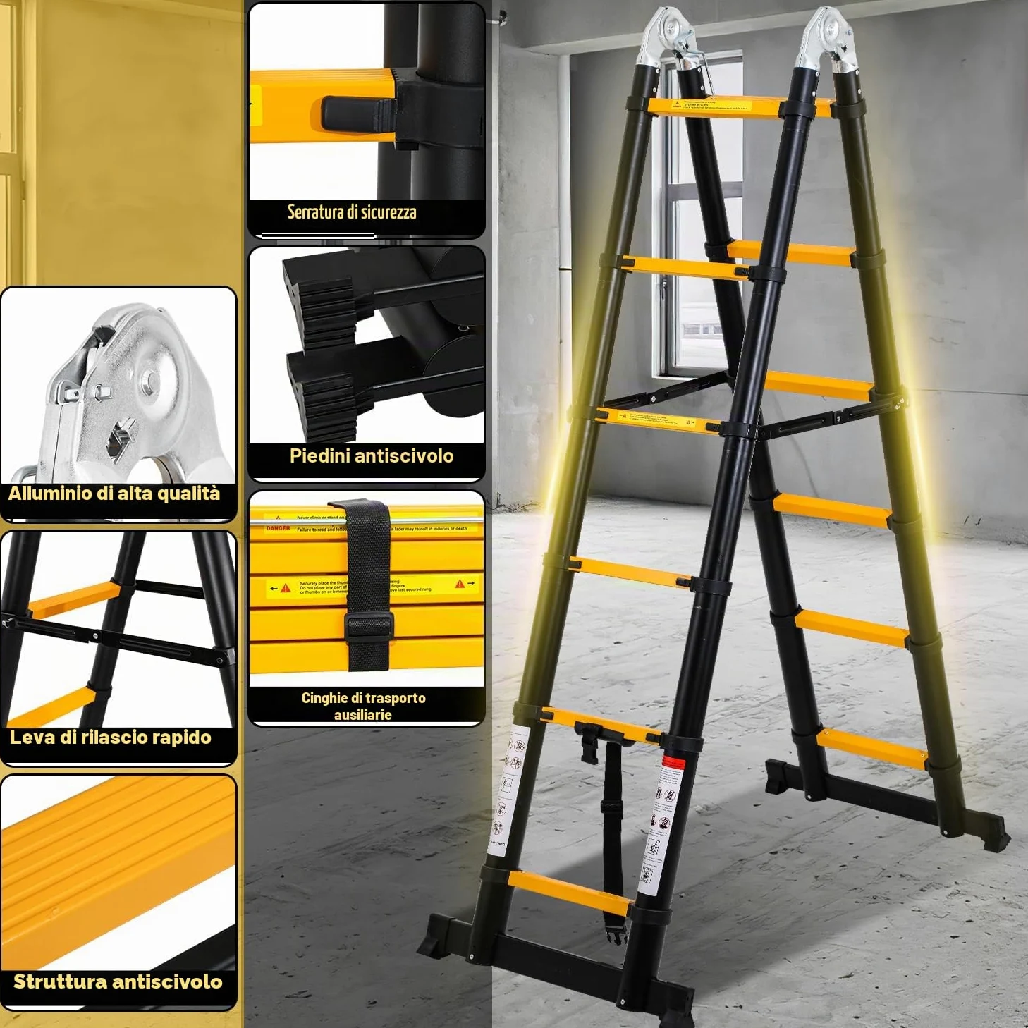 Eulenke Scala telescopica in alluminio 5 m / 2,5m + 2,5m, scala pieghevole con bilanciere e ruote, scala retrattile portata 150 kg, scala pieghevole salvaspazio, antiscivolo, nero e giallo