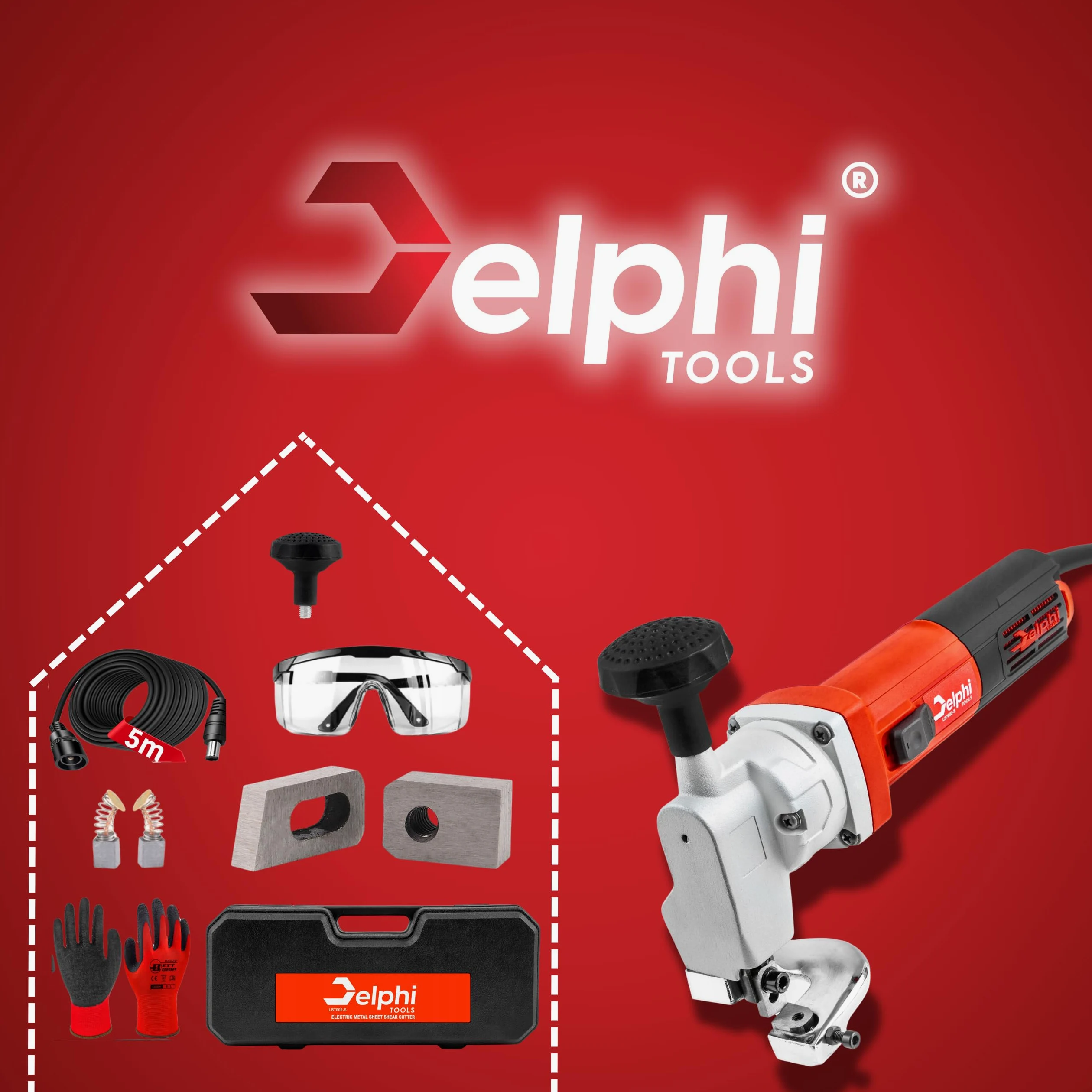 DELPHI Forbici elettriche per lamiera, 850 W, 220 V, qualità industriale, in acciaio inox, taglierina per metallo, taglio fino a 2,5 mm, piastra in acciaio da costruzione 2200 rpm