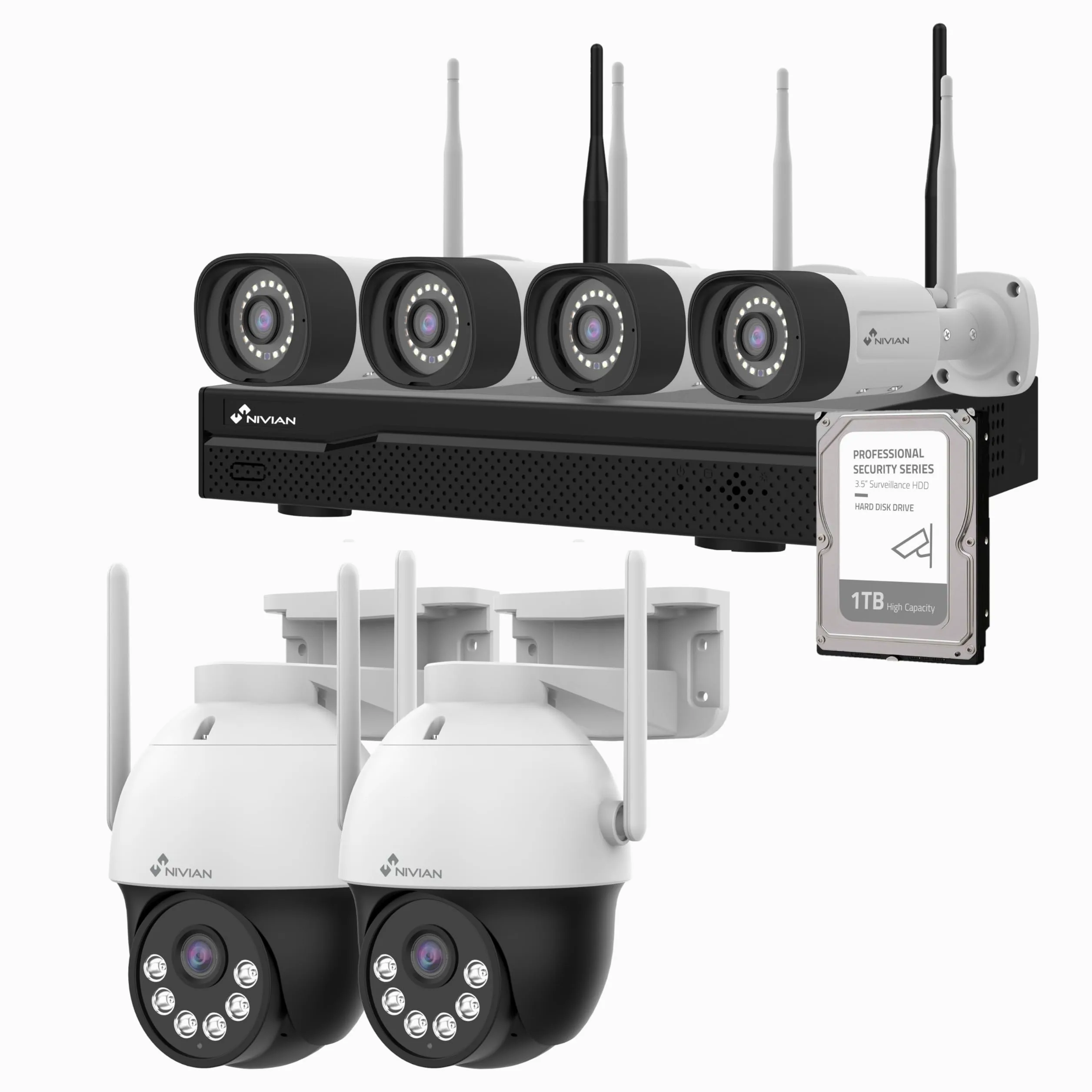 NIVIAN Kit Videosorveglianza WiFi Professionale 2K con 6 Telecamere IP PTZ, NVR 10 Canali, Immagini Super HD, IA Rilevamento Umano, Visione Notturna, Audio, HDMI, App EseeCloud, Registrazione 24/7 HDD