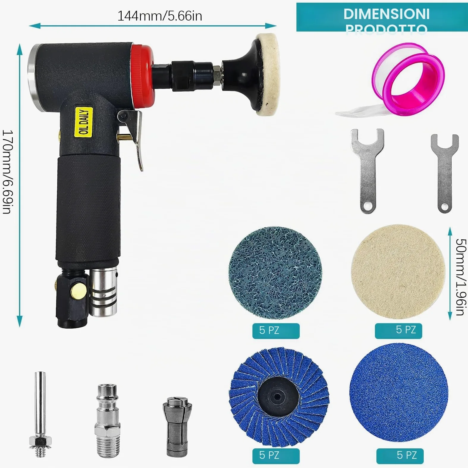 Mini Lucidatrice Auto, Mini Smerigliatrice Angolare Pneumatica con Mandrino a Pinza da 6 mm e 3 mm, Include Carteggiatrice e Mini Levigatrice con Set di 20 Dischi da 2 Pollici a Cambio Rapido