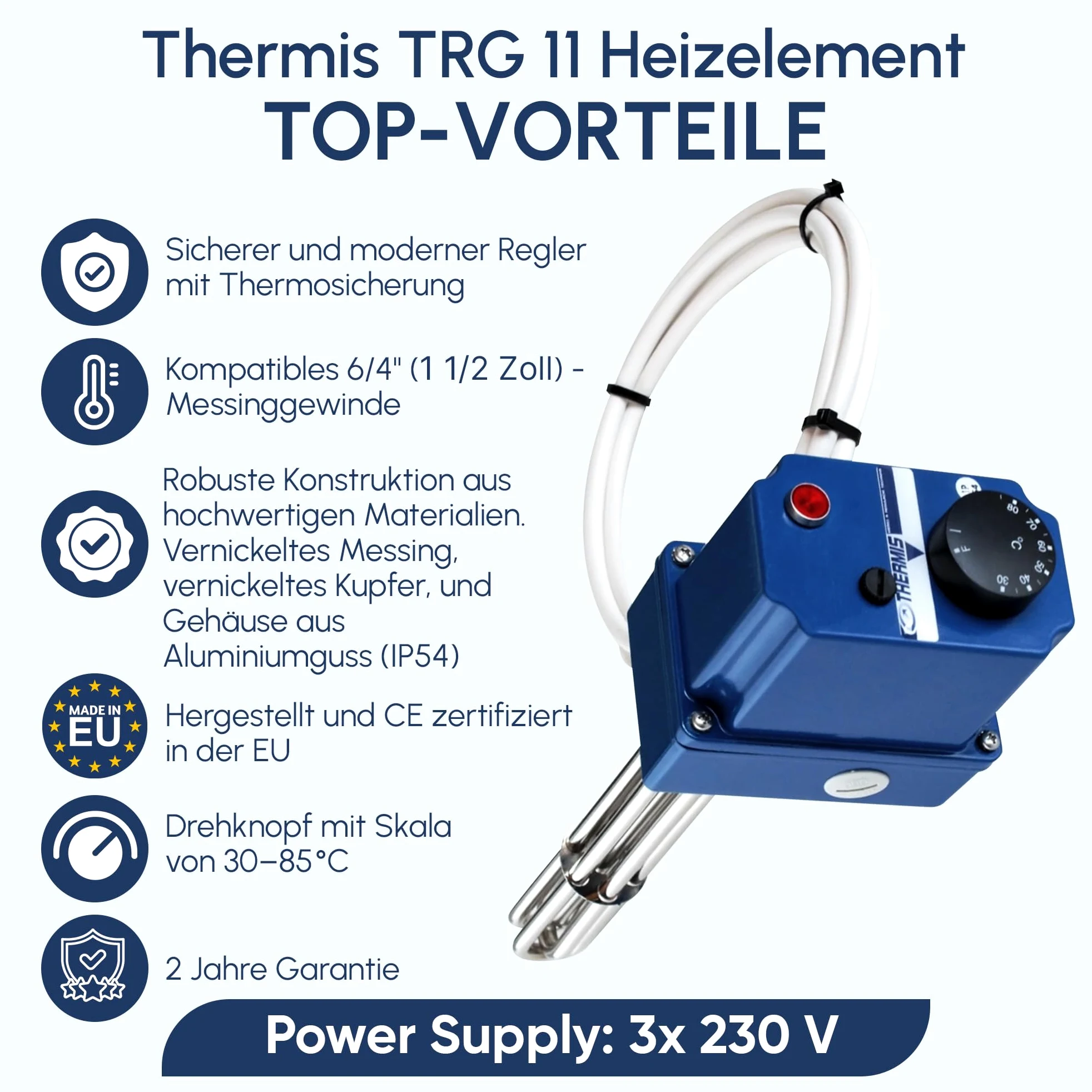 TRG 11 Resistenza cartuccia riscaldante con termostato Resistenza G6/4 per bollitore ad accumulo scaldacqua ad accumulo 6kW 3/230V (5 cavi)