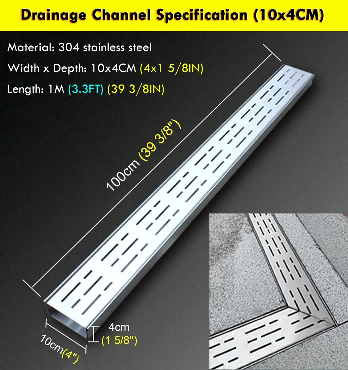 Kit di canali di drenaggio stretti, 1 m, 5 soluzioni di drenaggio per esterni a basso profilo, per la gestione delle acque piovane, balcone e giardino, argento (10 x 4 cm), ideale per 2-12 opzioni