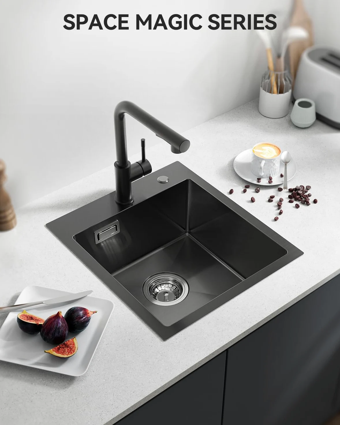 Lavello da cucina nero antracite 40 x 45 cm, con sifone, lavello da cucina in acciaio inox rettangolare per sottolavelli a partire da 40 cm di larghezza, lavandino da incasso, piccolo lavello