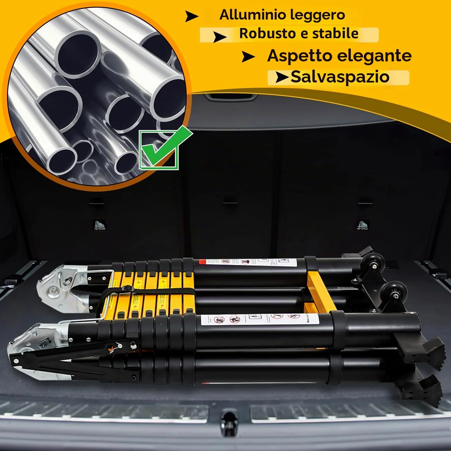 Eulenke Scala telescopica in alluminio 5 m / 2,5m + 2,5m, scala pieghevole con bilanciere e ruote, scala retrattile portata 150 kg, scala pieghevole salvaspazio, antiscivolo, nero e giallo