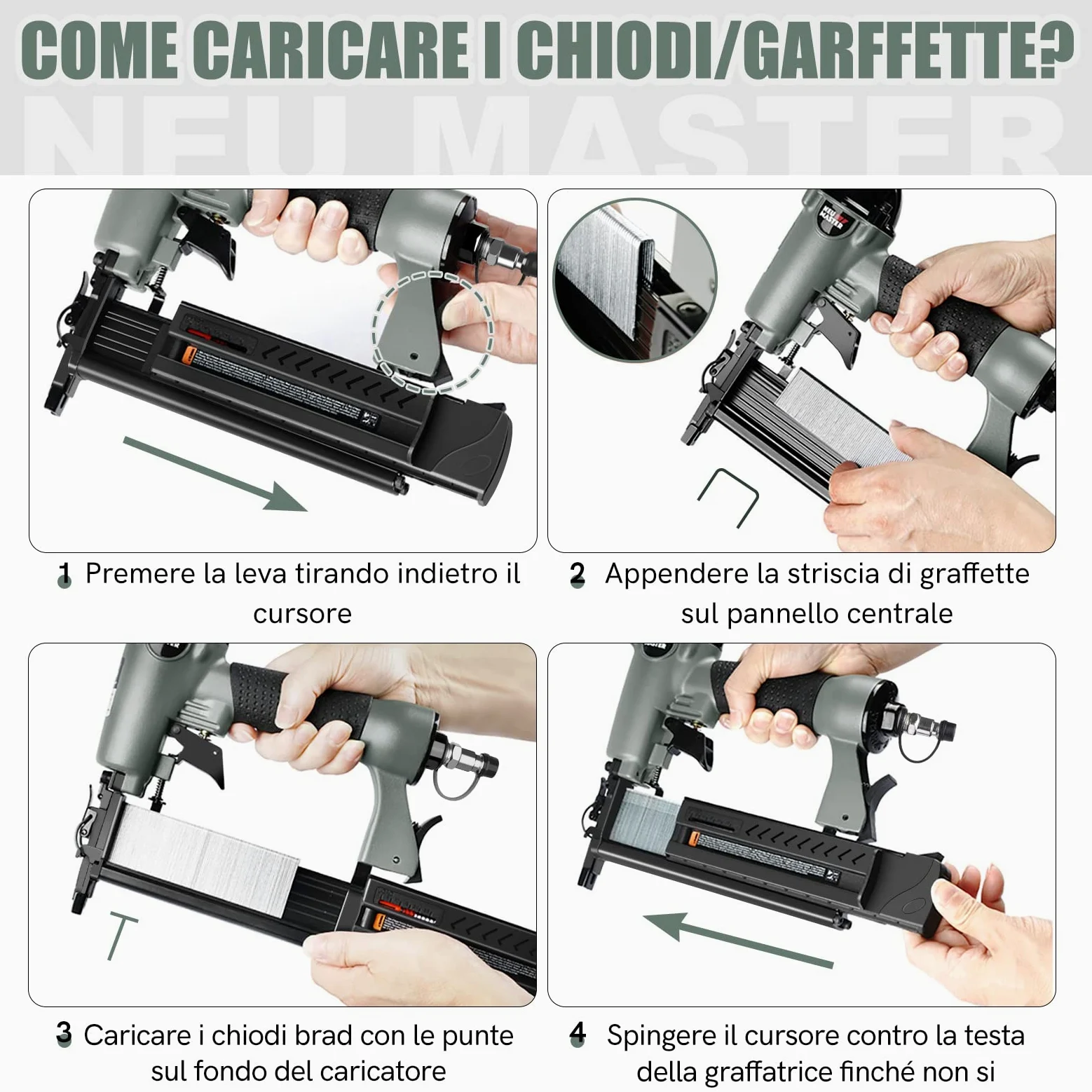 NEU MASTER Chiodatrice Pneumatica - 2 in 1 Sparachiodi Aria Pneumatica con 800 Chiodi e 200 Graffette,Graffettatrice Pneumatica con Occhiali di Protezione e Custodia in Plastica Portatile