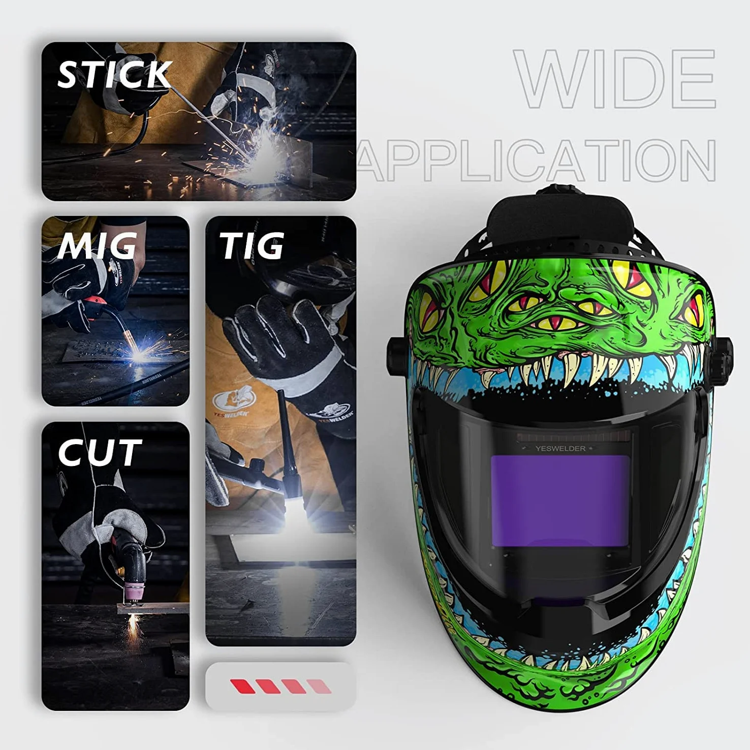 YESWELDER 1/1/1/1 Maschera Saldatura Autoscurante Grande Vista 10x8,2cm Casco Saldatura in vero colore con VISTA LATERALE,4 Sensori,Ultra chiarezza ottica ampia ombra 4/5-9/9-13 per TIG MIG ARC CUT