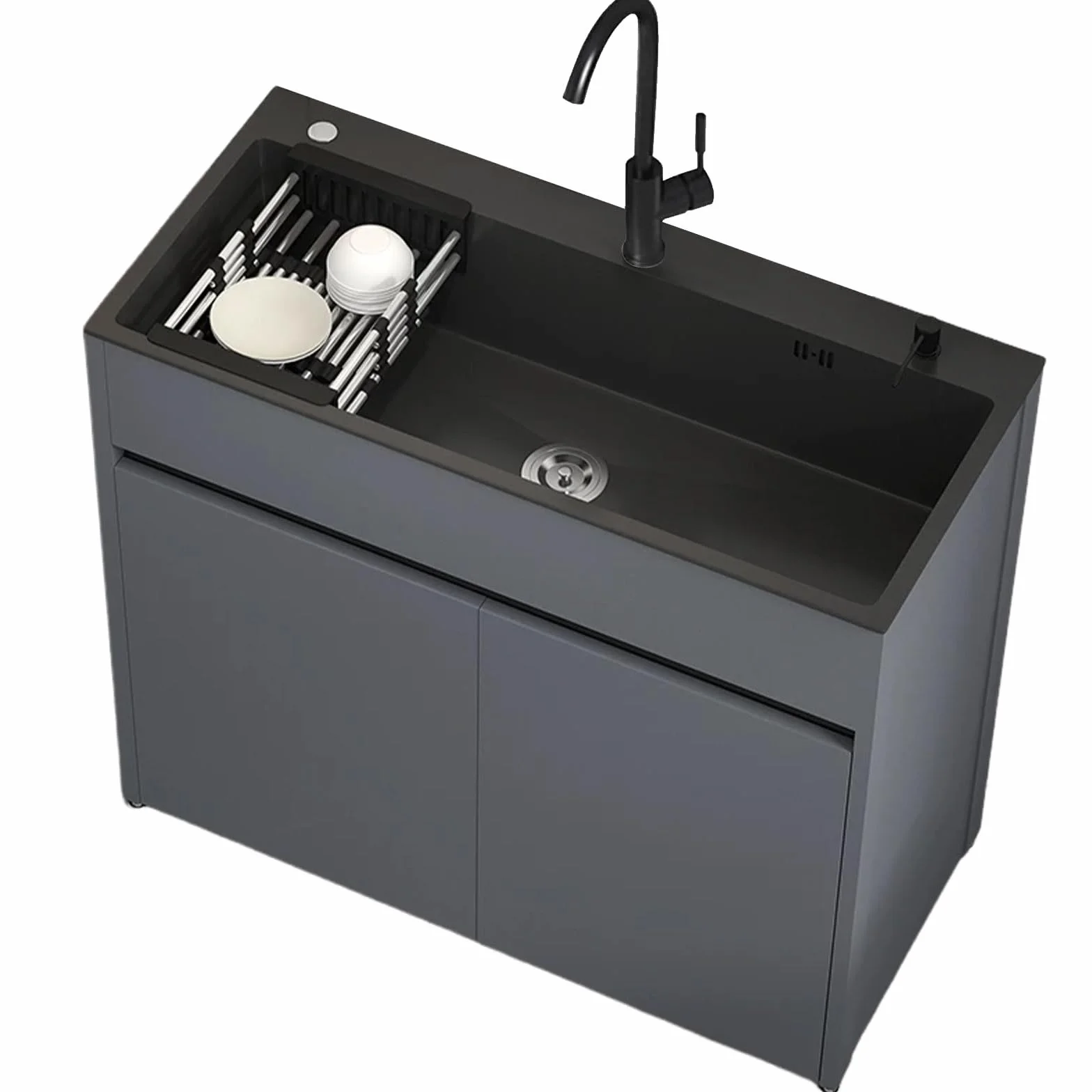 Lavabo Indipendente in Acciaio Inox con Rubinetto Estensibile e Tubi Dell'acqua Calda e Fredda, Lavello da Cucina con Armadio Contenitore e Scolapiatti per Esterni, Interni, 68 CM/80 CM