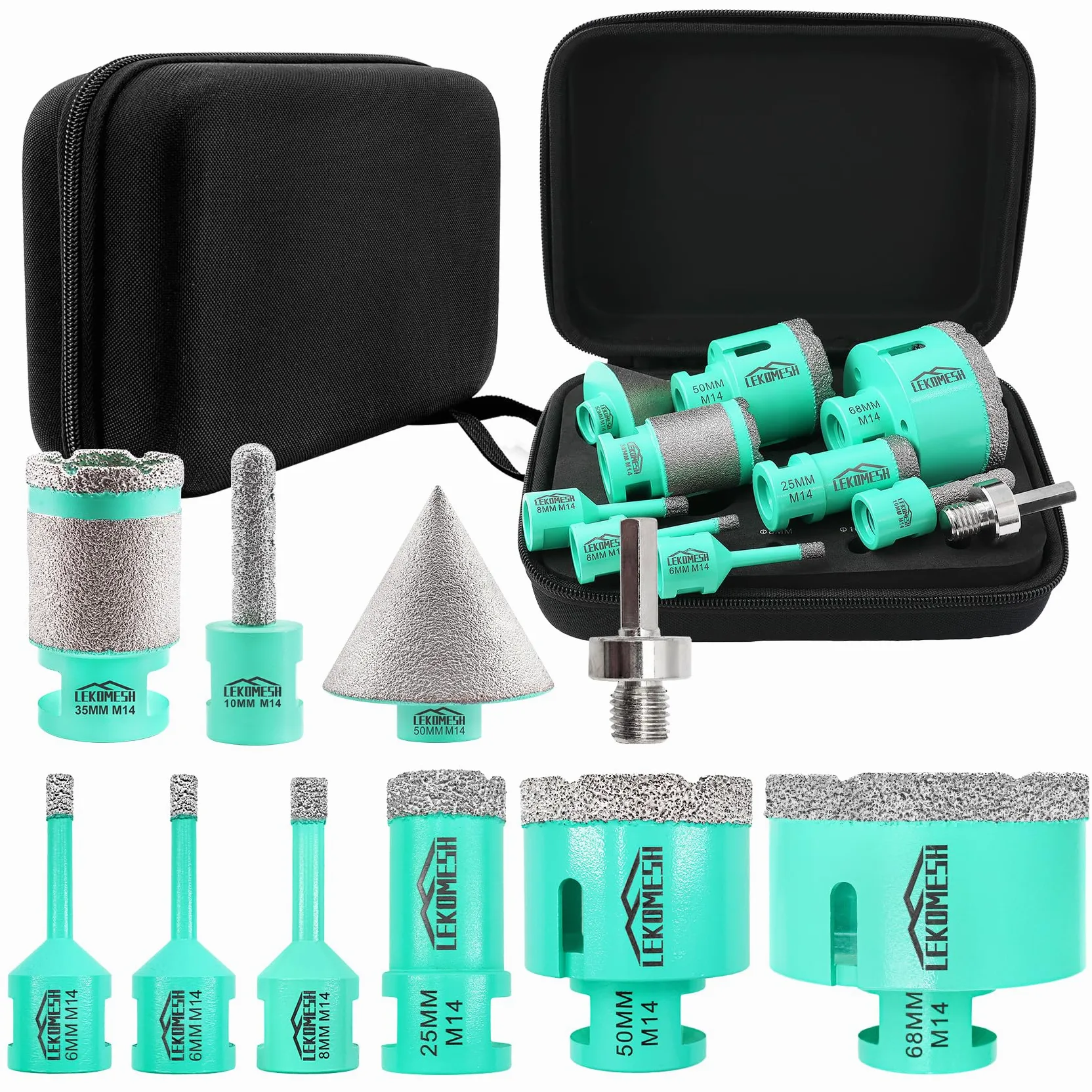 Punte Diamantate per Piastrelle - 10 pezzi (6/6/8/25/50/68mm+10mm Fresa Diamantata+35mm Fresa Diamantata+50mm Punte per Smusso+Adattatore) Seghe a Tazza per Gres Ceramica