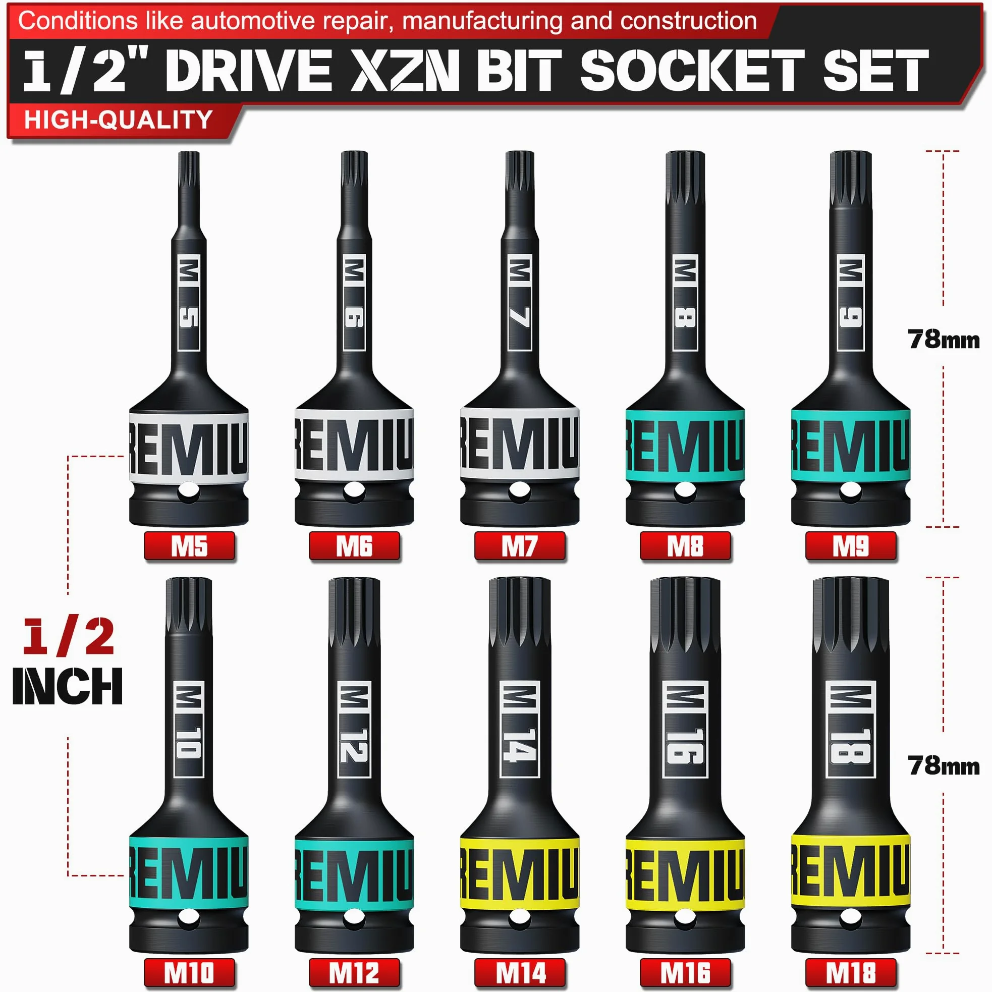 Chiavi a Bussola XZN 1/2", 10 Pezzi Bussola con Denti Multipli Set, M5 - M18 Tripla Scanalatura Quadrata, Indicato per Interventi su Auto Piccole Riparazioni Domestiche
