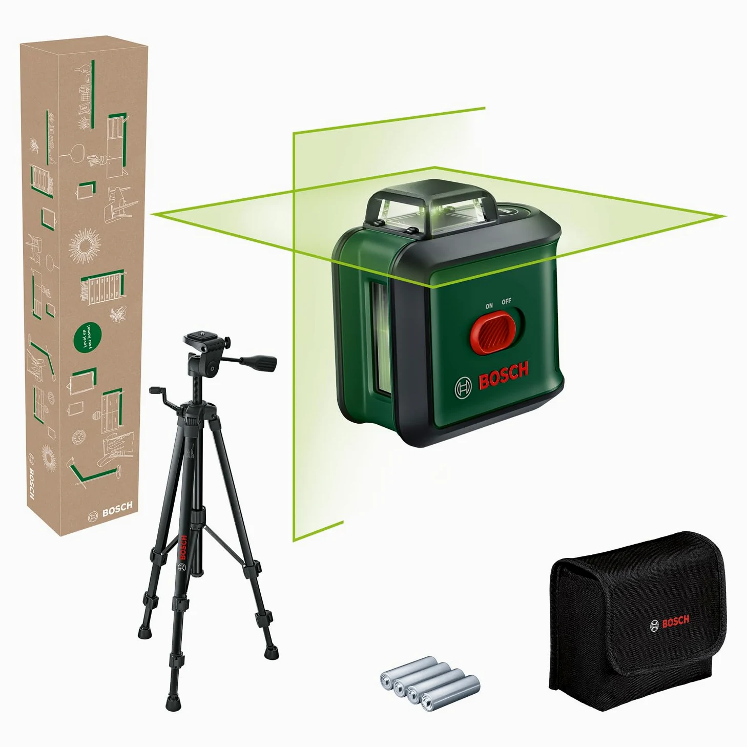 Bosch livella laser multifunzione UniversalLevel 360 con treppiede premium (linee laser verticali + orizzontali incl. 360° per allineamento dell'intera stanza, in scatola di cartone E-Commerce)