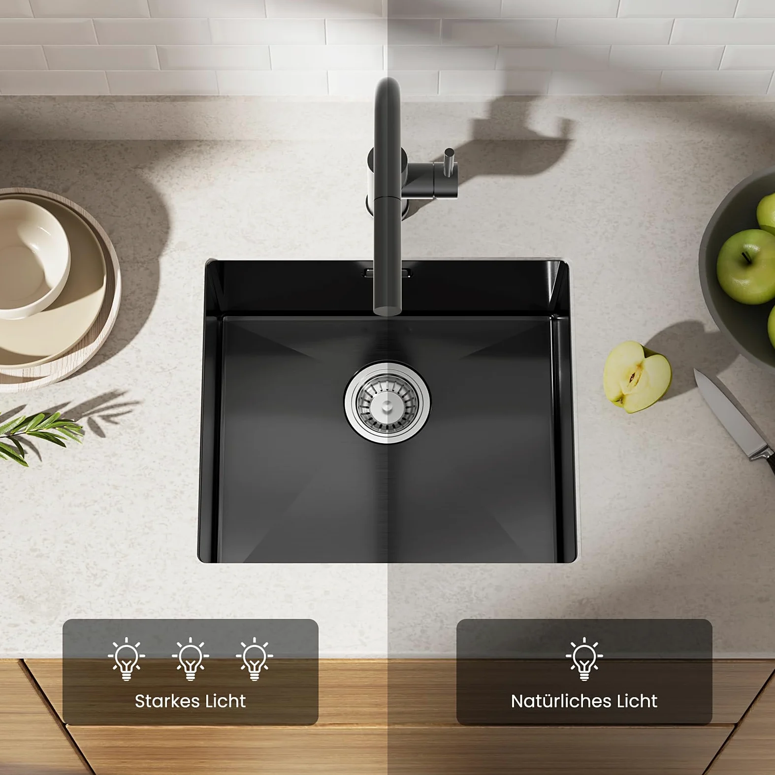 CECIPA Lavello Nero Antracite 50x44cm, Lavello Cucina in Acciaio Inox Angolare, Lavello Cucina in Acciaio Inox Lavello da Incasso Piccolo incluso Sifone, Lavabo Cucina da 50cm di Altezza senza