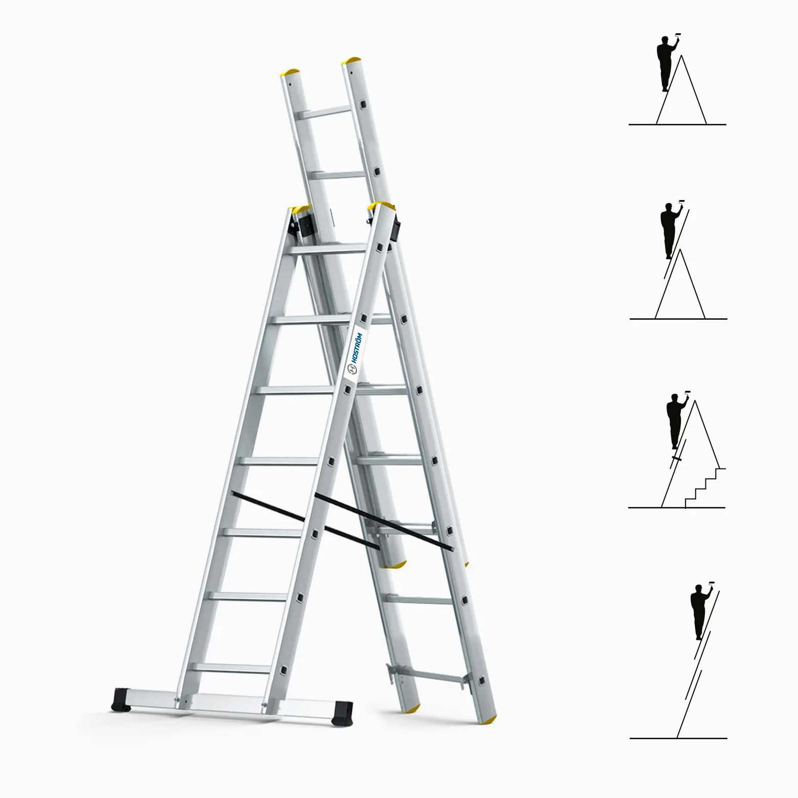 Scala a sfilo a 3 rampe StablePro, gradini 3x7 in alluminio, allungabile, 6 posizioni, altezza massima di lavoro 5,00 m, 5 anni di garanzia, Hostrom