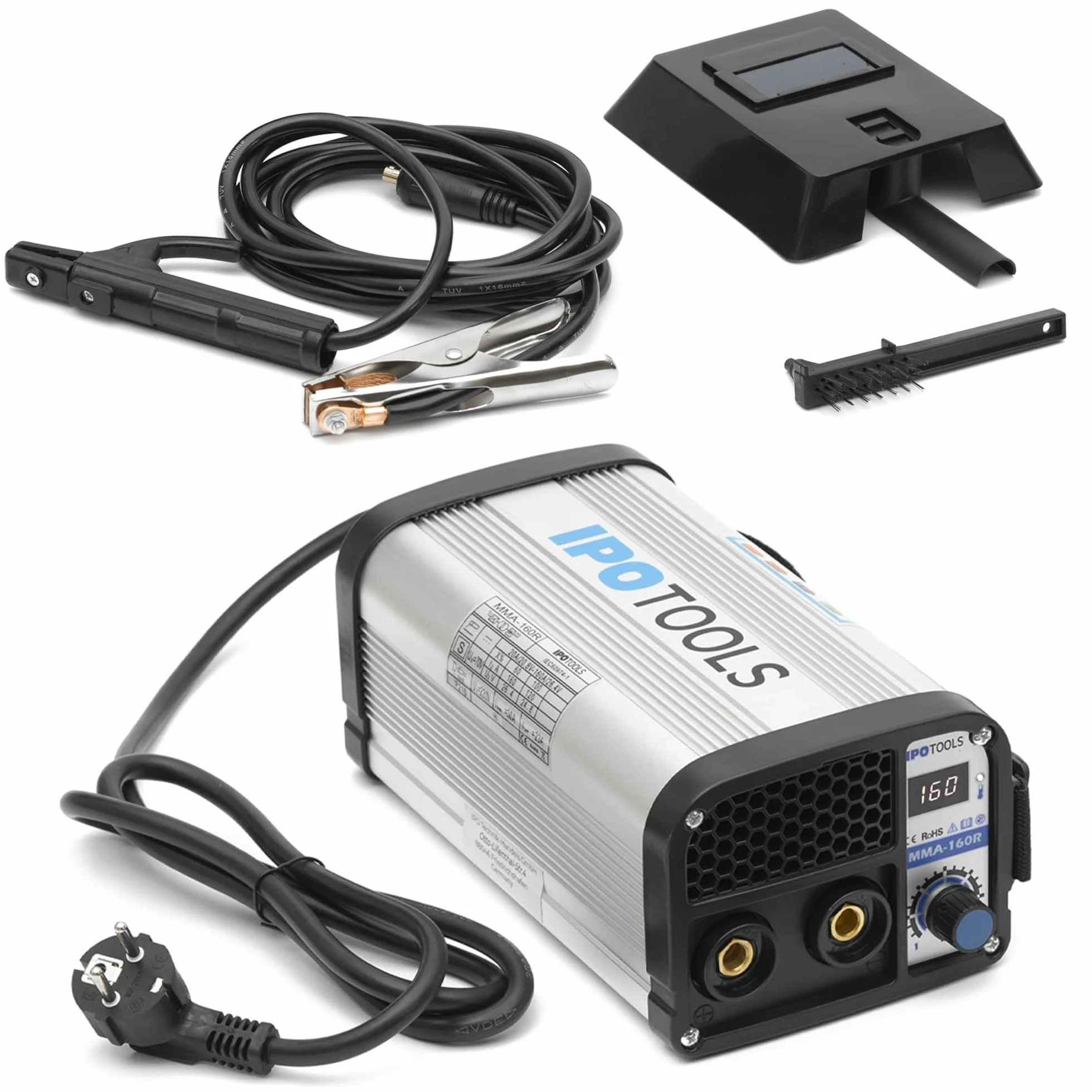 Saldatrice ad arco IPOTOOLS MMA-160R - Saldatrice ad arco DC MMA Inverter con 160 A/Display digitale / 230 V/Antistick/Hot Start/Arc-Force / 7 anni di garanzia