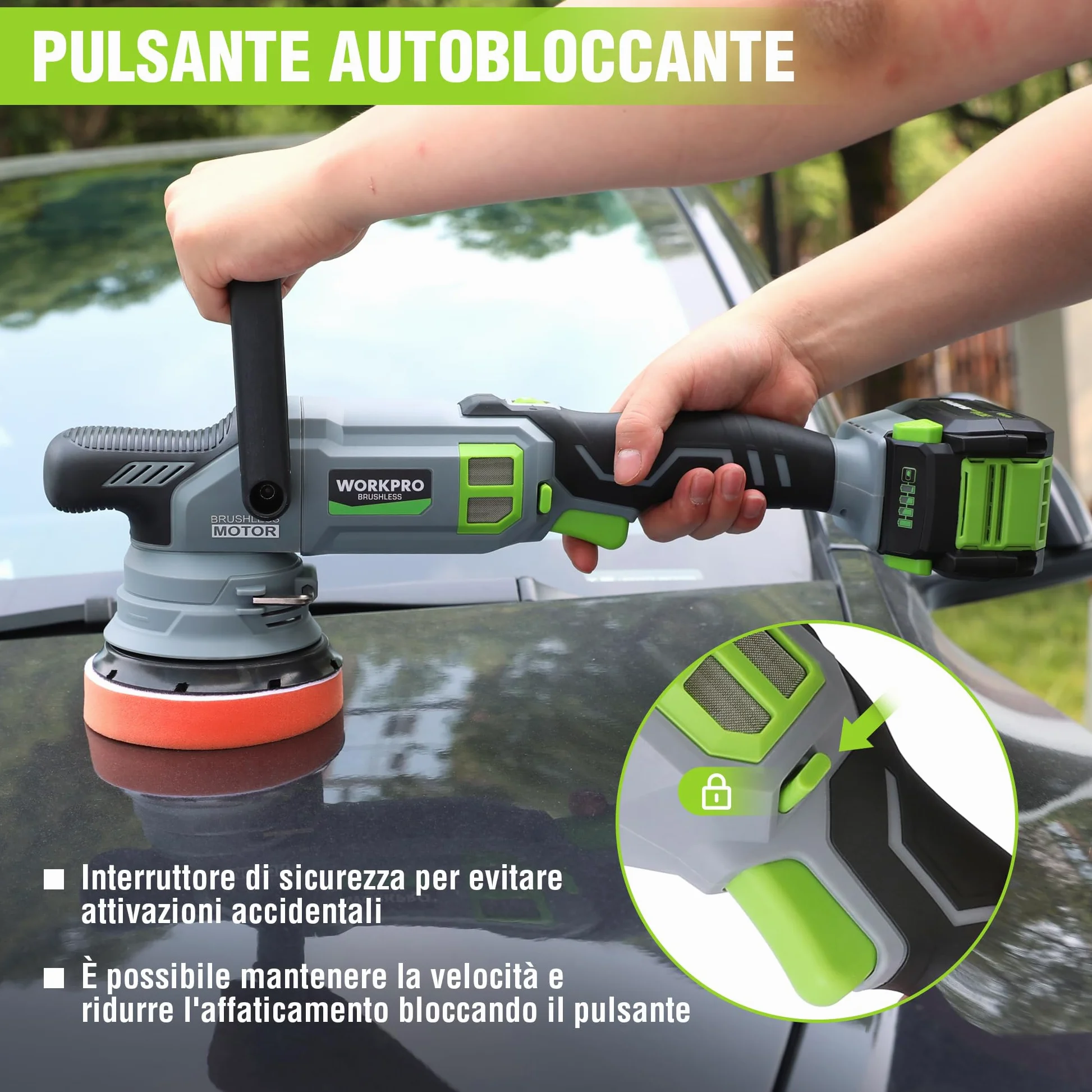 WORKPRO Lucidatrice per Auto 20V, Lucidatrice Orbitale a Doppia Azione, 7 Velocità (2000-5000 Giri/Min), Impugnatura a D Rimovibile, con Borsa, per Lucidare Auto, Pavimenti, Piastrelle, Mobili