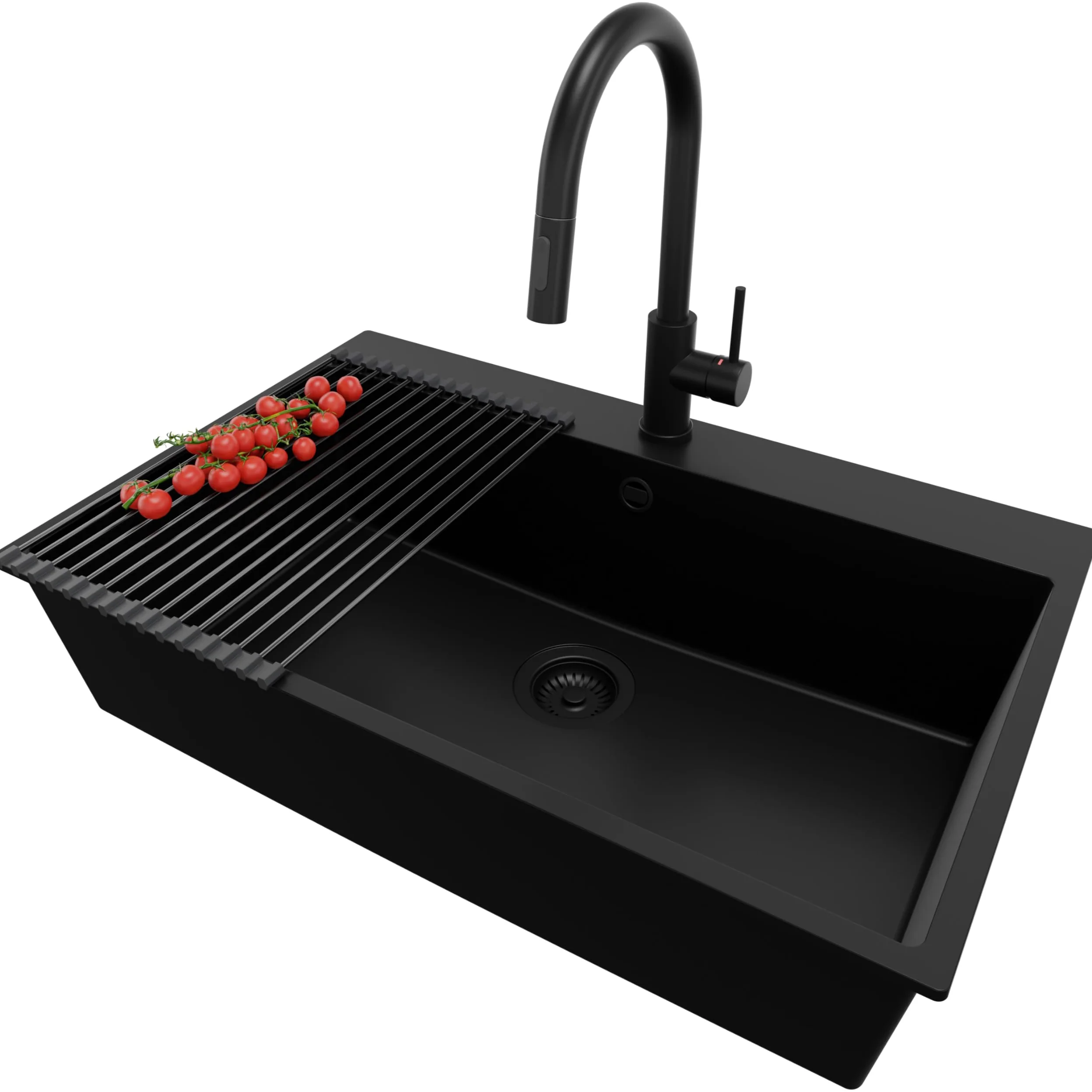 PRIMAGRAN Lavandino da Cucina Tutto Nero 78x50cm, Lavello in Granito a 1 vasca + Rubinetto 40x20cm + Set di accessori, Lavabo da Cucina Incasso al Mobile 80cm - Riga S483