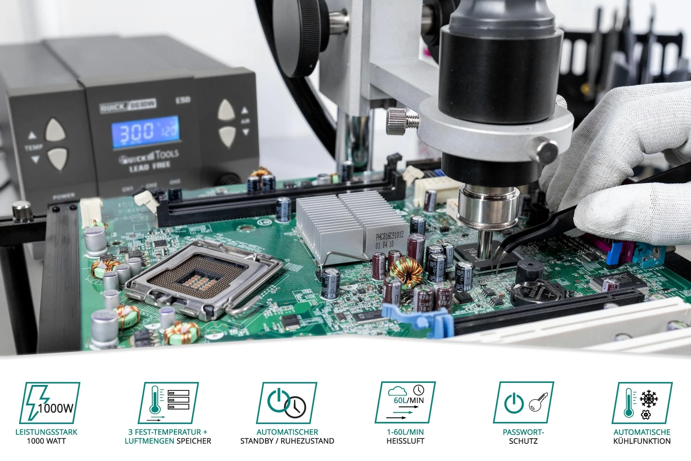QUICK QU861DW - Stazione saldante professionale ad aria calda, regolabile, 1000 Watt, intervallo di temperatura 100-500 °C, SMD, funzione di calibrazione, standby, sistema di raffreddamento automatico