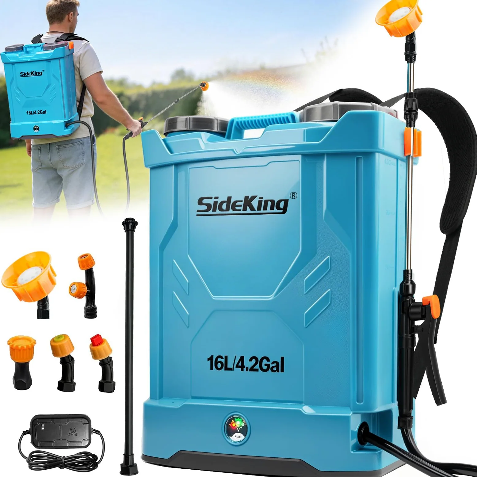 SideKing Pompa Irroratrice a Batteria 16 Litri, Atomizzatore a Spalla con 5 Ugelli, Pressione Regolabile 8,3 Bar, Batteria 4000mAh, Pompa per Diserbante per Giardino, Diserbante e Pulizia Tetti