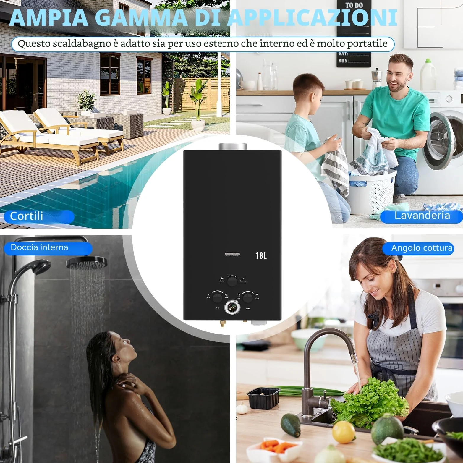 Scaldabagno a Gas 18L, All'aperto Portatile Scaldabagno Istantaneo a Propano Con Display Digitale Multi-Protezione Parete senza Serbatoio Scaldacqua Istantaneo Automatico, classe energetica A