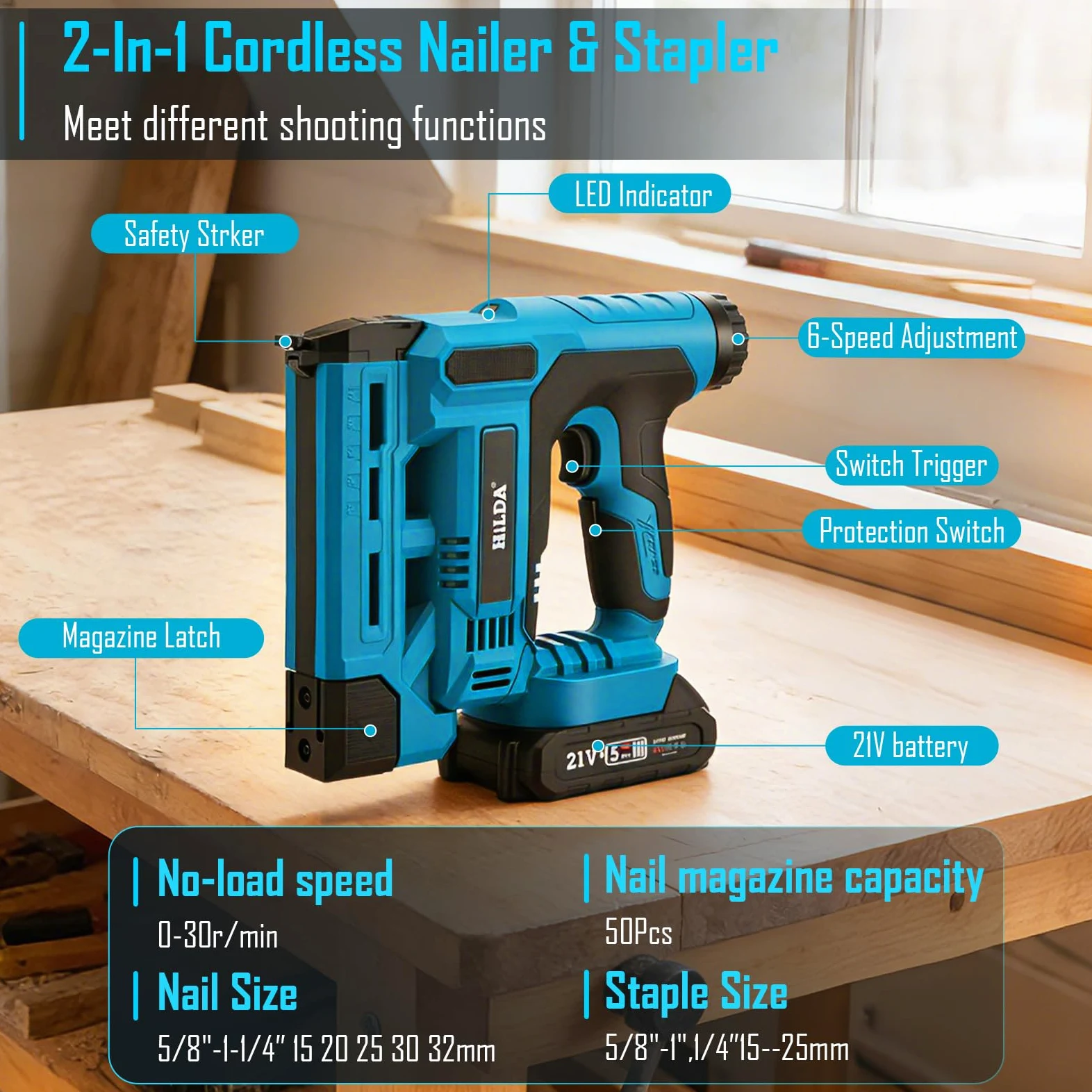 Set di chiodatrice elettrica a batteria Chiodatrice e graffatrice 2 in 1 con 2 batterie da 2.0Ah, 1000 chiodi/graffette inclusi - Profondità di chiodatura regolabile lavori di falegnameria e fai da te