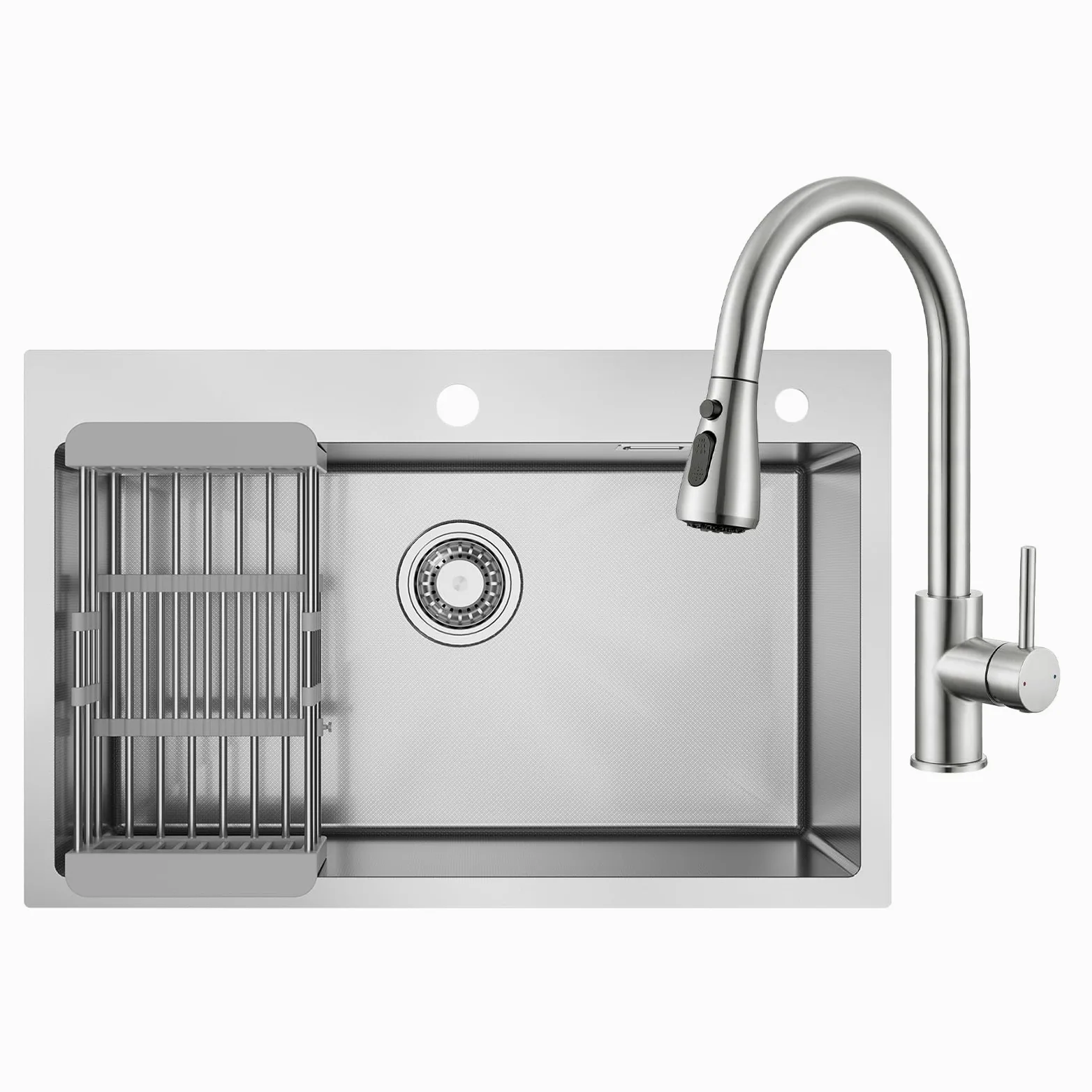 CECIPA 70x45 cm Lavello Cucina con Arco Rubinetto Cucina Estraibile, Lavandino Cucina 1 Vasca in Acciaio Inox con cestello scolapiatti, per Mobile da 70cm