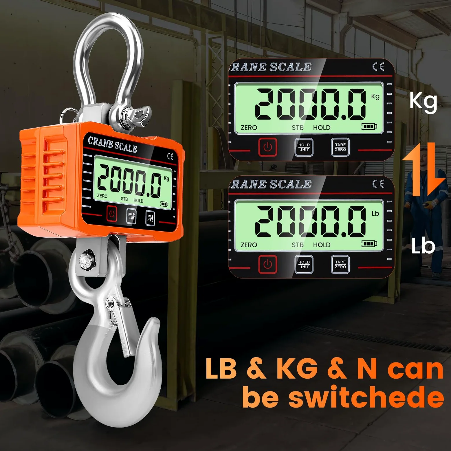 Bilancia Elettronica per Gru 2000 kg/4000 lb, Bilancia da gru digitale, Pesante Bilancia Industriale con sensore di precisione, ampio schermo LCD e telecomando per aziende agricole, edilizia (Orange)