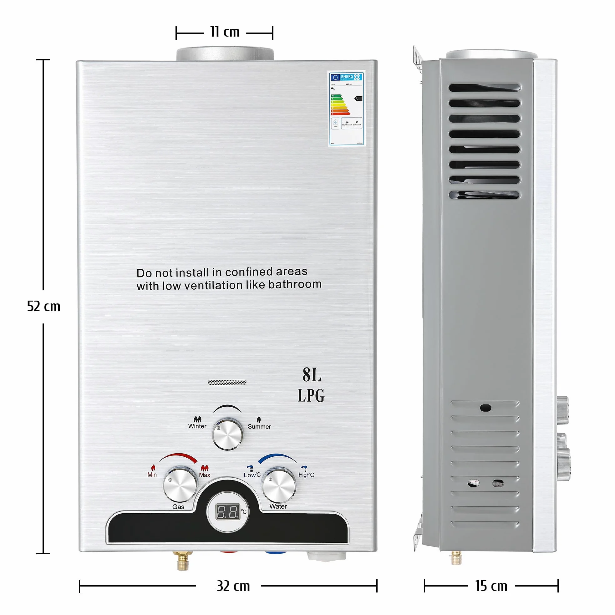 VONLUCE 8L Scaldabagno a Gas GPL 13,6 kW a Parete con Modalità Commutabili, Caldaia a Gas GPL Automatica Istantanea con Display a LED e Nucleo in Rame