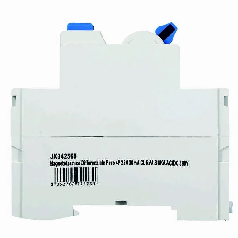 Interruttore Differenziale Puro Magnetotermico 4P 25A 30mA CURVA B 6KA AC/DC 380V 30mA CURVA B per Guida DIN - 4 Moduli DIN - Protezione Circuiti e Sicurezza Impianti