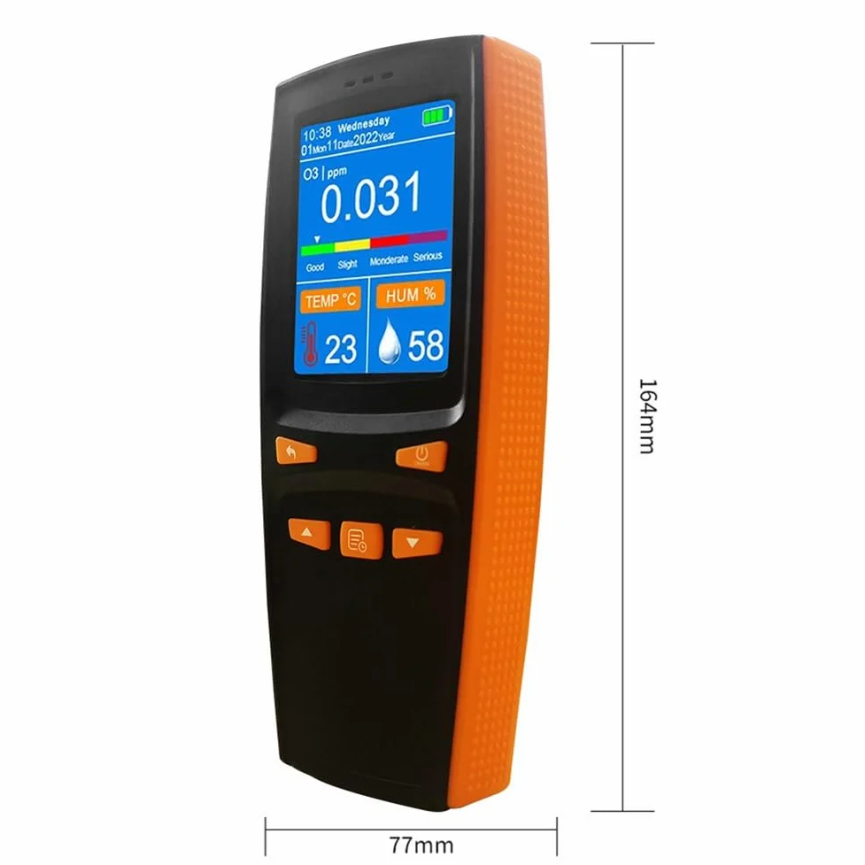Rilevatore misuratore di ozono in tempo reale, analizzatore di ozono portatile con rilevamento di temperatura e umidità, misuratore di ozono con sensore intelligente portatile, schermo LCD da 2,8"