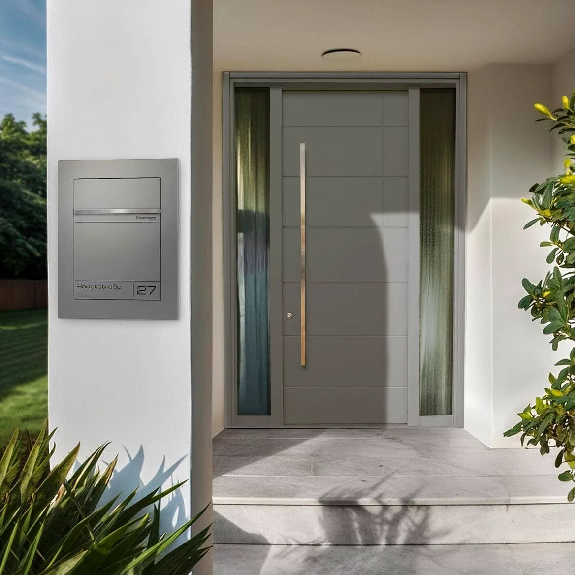 Metzler Cassetta postale da incasso grigio alluminio RAL 9007 – acciaio verniciato a polvere con targhetta nome in acciaio inox incisa – impermeabile, design a filo muro formato DIN A4