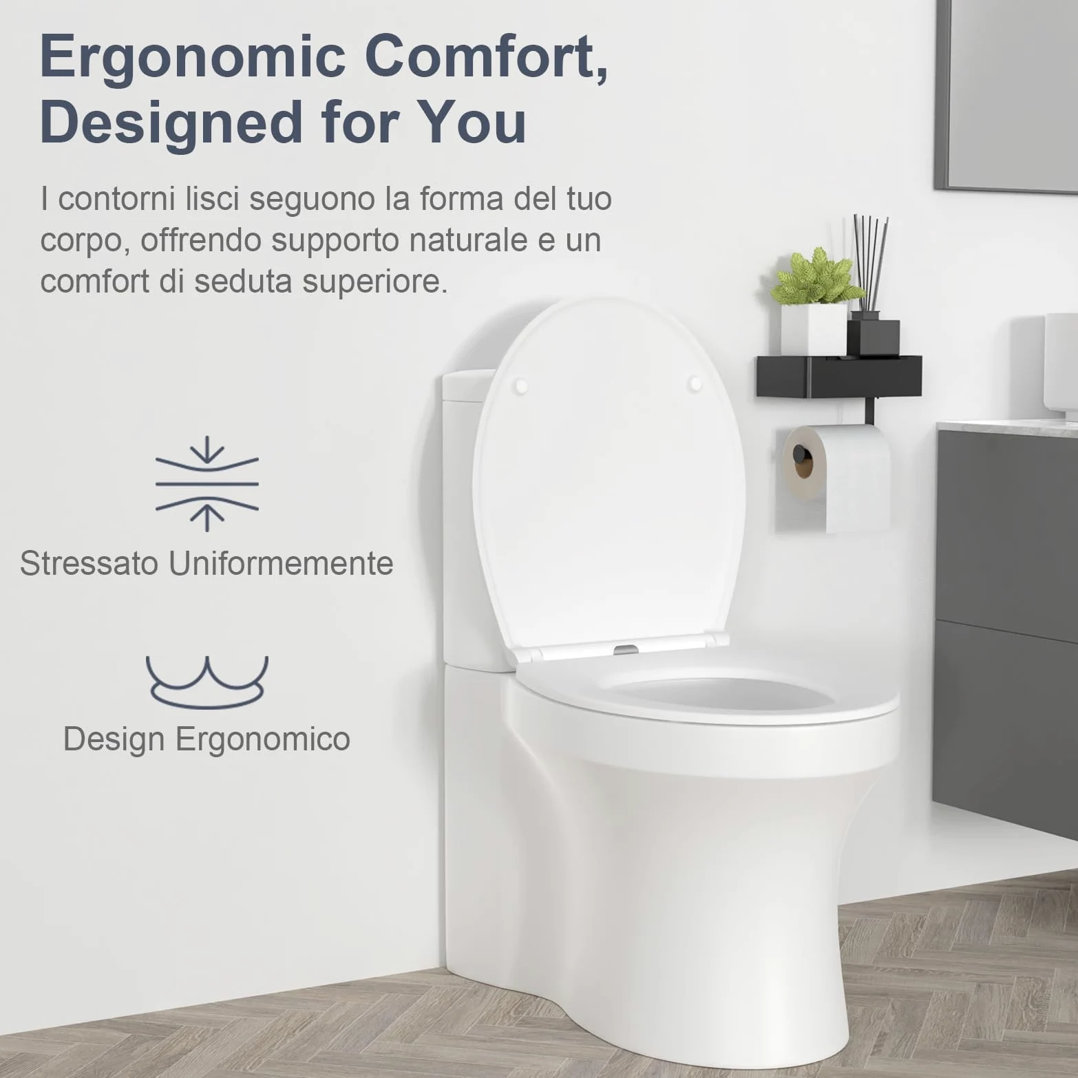 SURFOU Tavoletta WC con Chiusura Ammortizzata, Duroplast di Alta Qualità, Forma a O, Sgancio Rapido per Facile Pulizia, Supporta fino a 200 kg, con Gancetti in Gomma per Fissaggio Stabile
