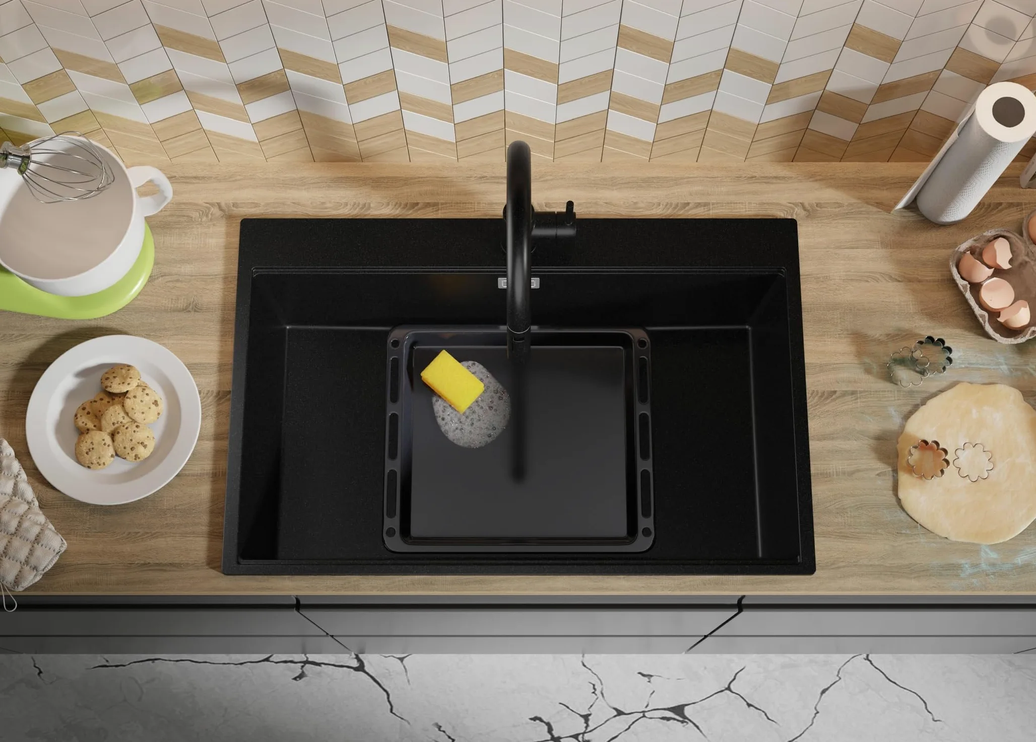 PRIMAGRAN Lavello da Cucina Nero 78x50cm, Lavandino in Granito a 1 vasca + Set di accessori, Lavabo da Cucina Incasso al Mobile 80cm - Oslo Top S557
