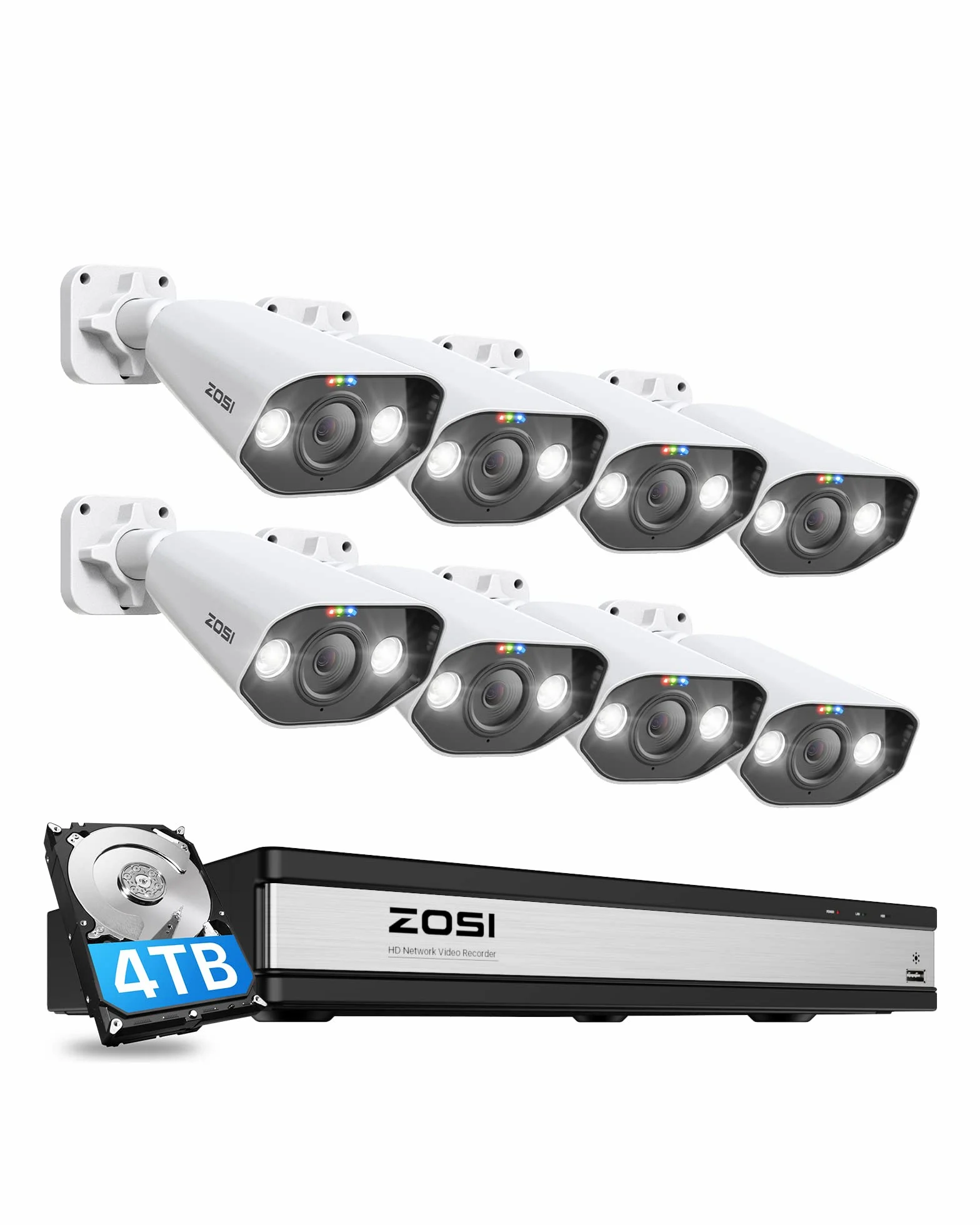 ZOSI 5MP Kit di videosorveglianza PoE Esterno, 16CH 4K NVR con 4TB HDD, 8x 5MP Telecamera PoE, AI Rilevamento di Persone e Veicoli, Audio Bidirezionale, Visione Notturna a Colori, C182