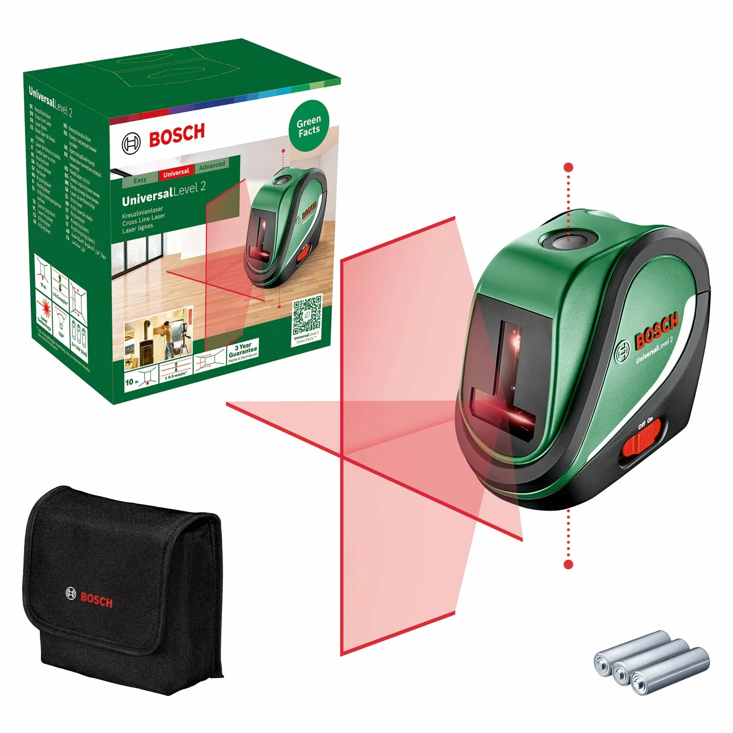 Bosch livella laser multifunzione UniversalLevel 2 (linee laser a croce incl. punti a piombo integrati per un allineamento preciso e un facile trasferimento dell'applicazione, in cartone)