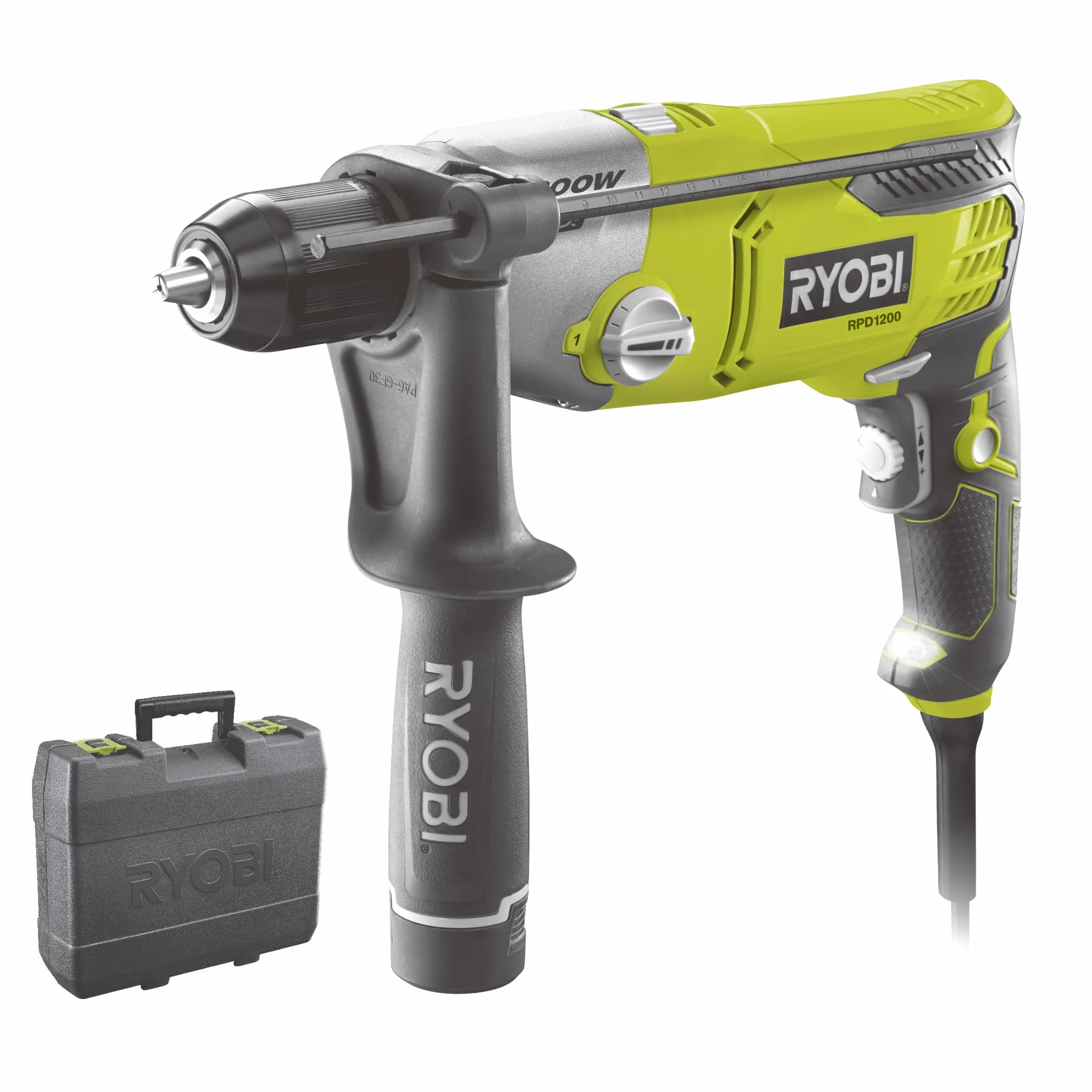 Ryobi Trapano a Percussione Elettrico 1200W, Mandrino Autoserrante 13 mm, 2 Velocità, Reversibile, per Legno Metallo e Muratura, Impugnatura Ausiliaria, Luce LED, Asta di Profondità, RPD1200-K