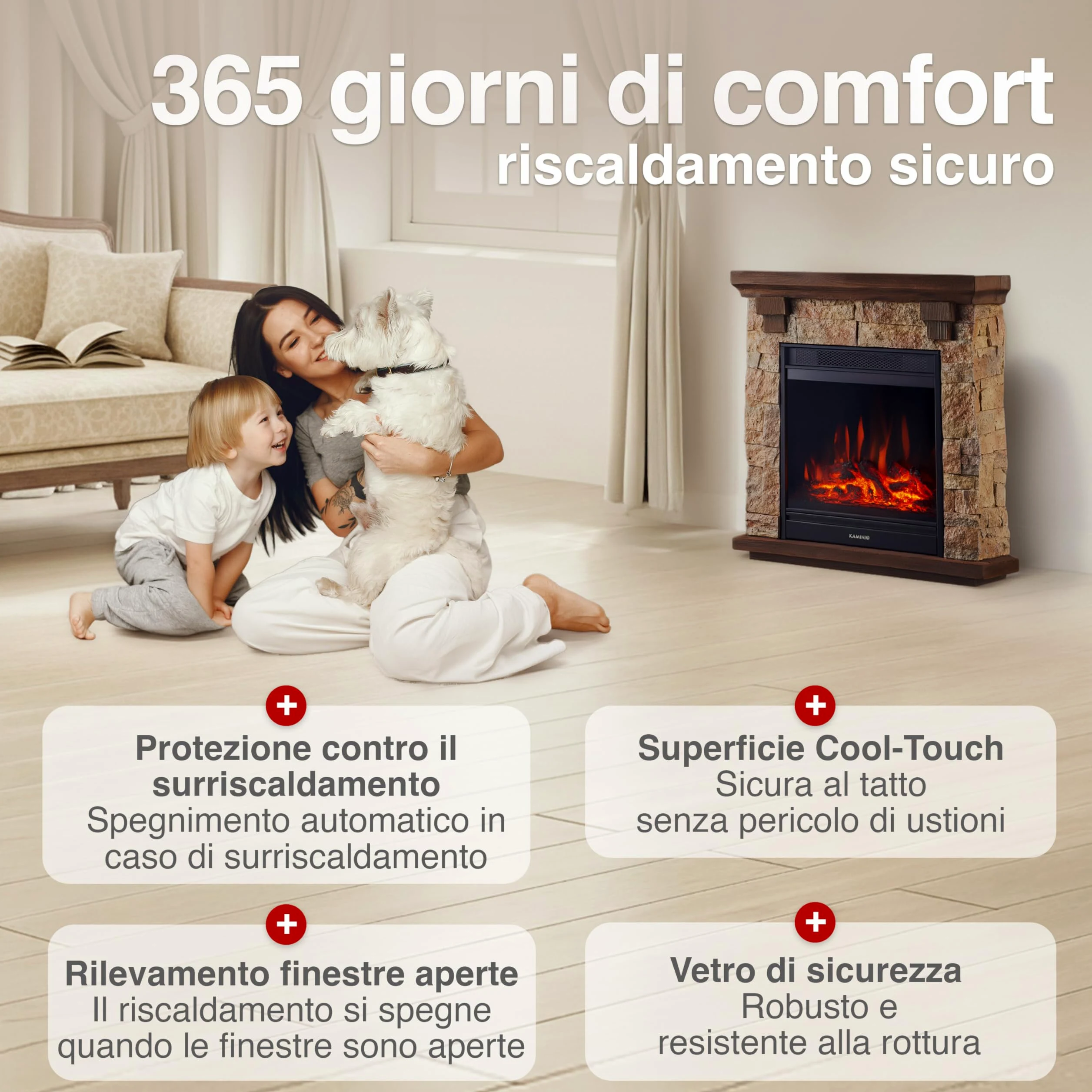 KAMINIO Camino elettrico Juan - Caminetto elettrico a pavimento in effetto pietra con riscaldamento, effetto fiamma 3D, telecomando (Beige)