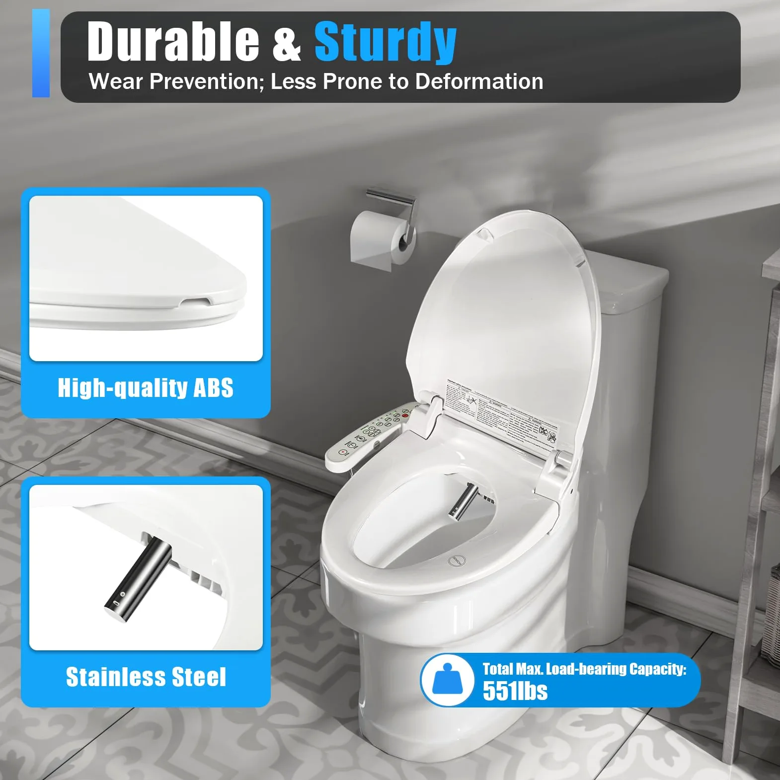WC intelligente elettrico, toilette con dispositivo di pulizia deodorizzazione automatica temperatura regolabile massaggio intelligente per casa di cura hotel, bianco