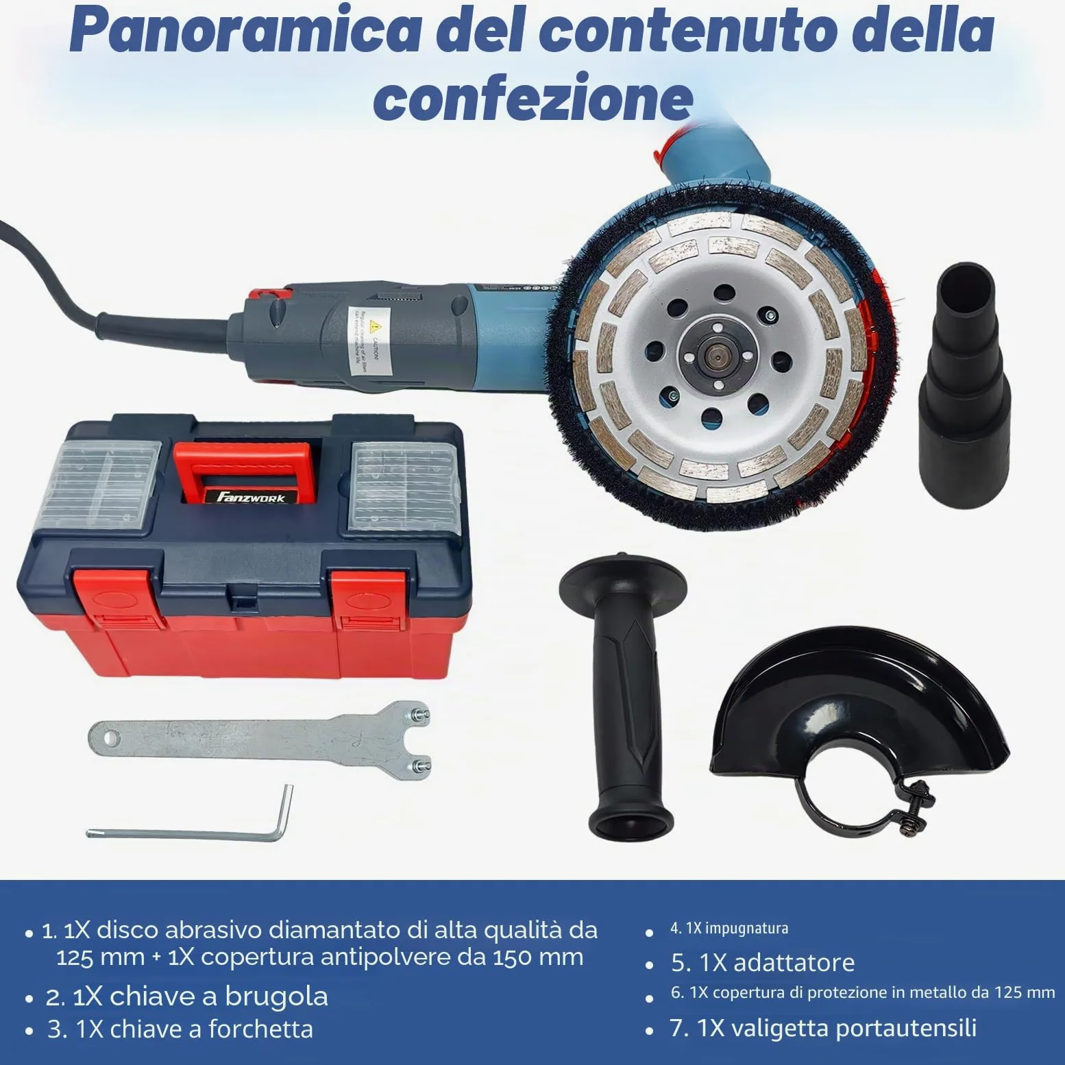 FANZWORK 1900W (MAX) Smerigliatrice per calcestruzzo con motore brushless EC, set 125 mm, cuffia aspirazione e valigetta, senza manutenzione
