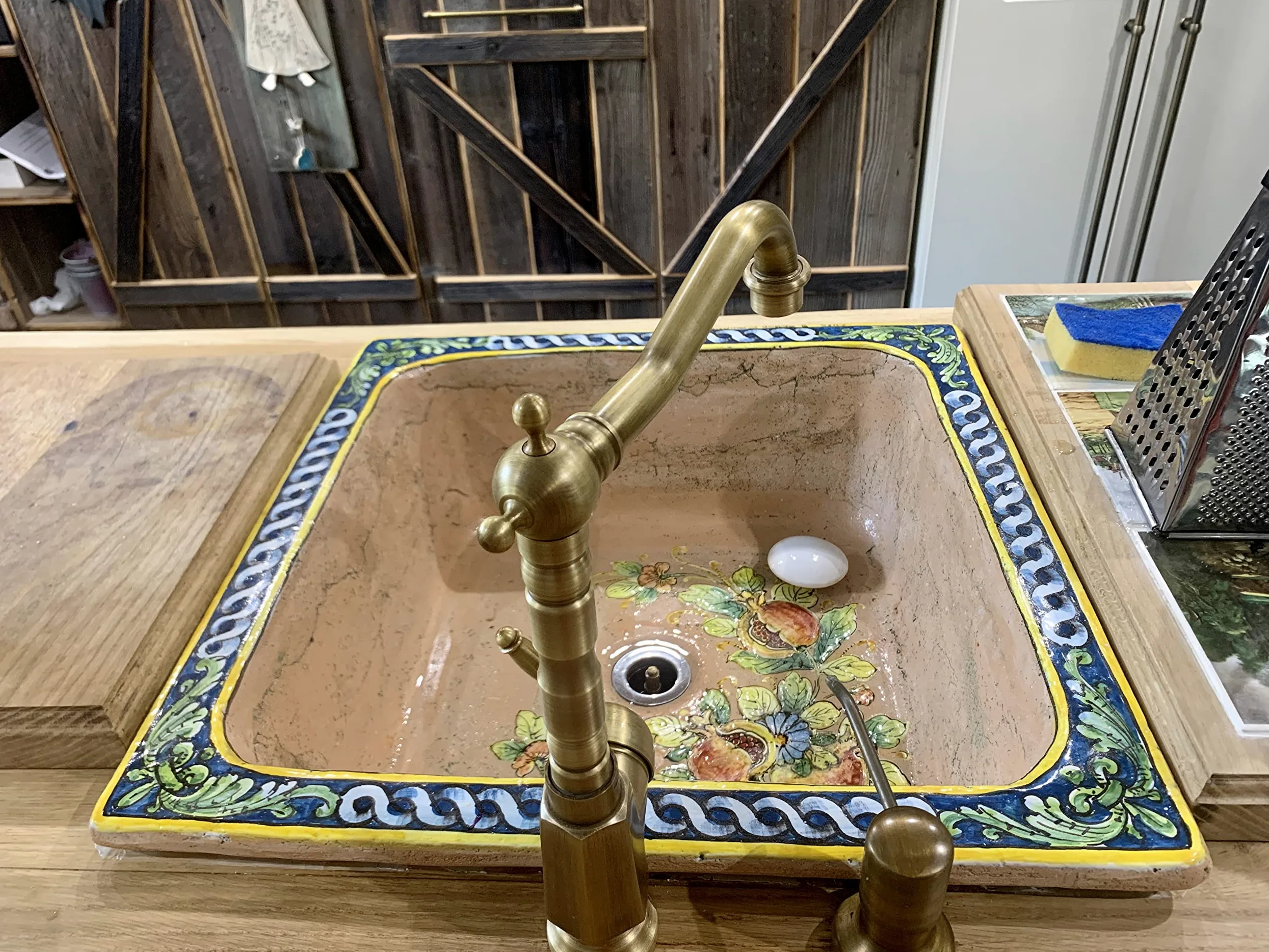 Lavabo ceramica siciliana Terra - Lavello da cucina quadrato da incasso, Un Lavabo da cucina colorato fatto a mano da cucina | Lavello da cucina in ceramica siciliana dall'Italia 42 x 42 cm
