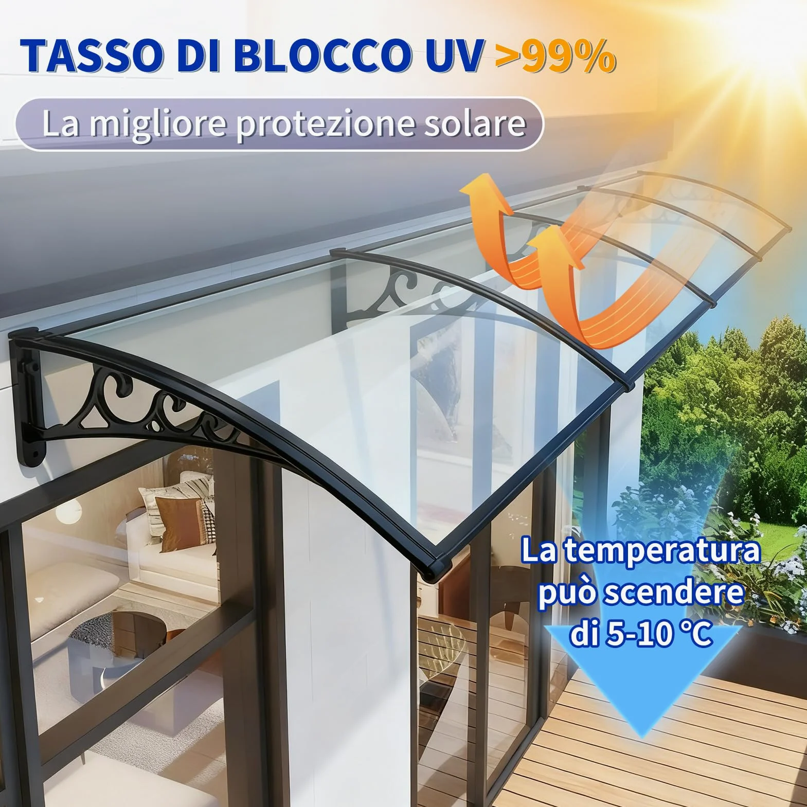 Pensilina Espandibile con Grondaia Grande, Tenda da Sole per Porta Esterna, Montaggio Silenzioso e Rapido, per Patio, Balcone, Esterni60x290cm