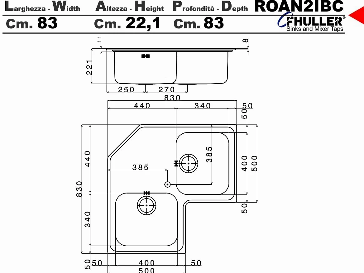 Lavello da Cucina ad Angolo, 83x83 cm, 2 Vasche in Acciaio Inox Spazzolato con Gocciolatoio