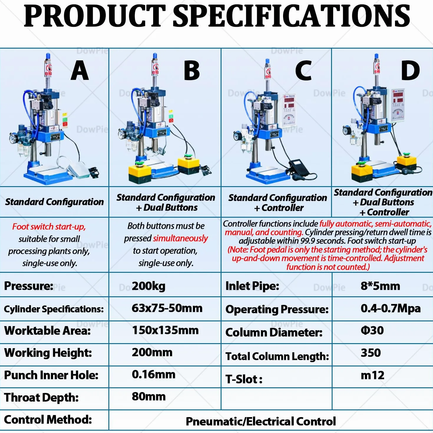 Macchina per stampaggio Pneumatico ad Alta precisione, pressa pneumatica con 4 configurazioni opzionali per Officina, pressa per Cuscinetti, rivettatura e stampaggio di materie plastiche. B