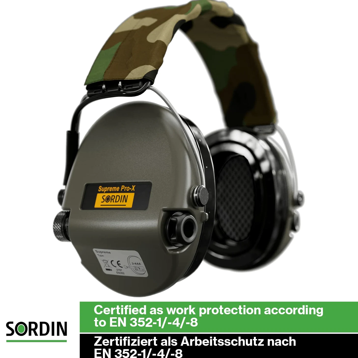 Sordin Pro-X Protezioni acustiche a capsula 75302-X-S - EN 352 - Cuscino in schiuma, Nastro mimetico & capsule verdi