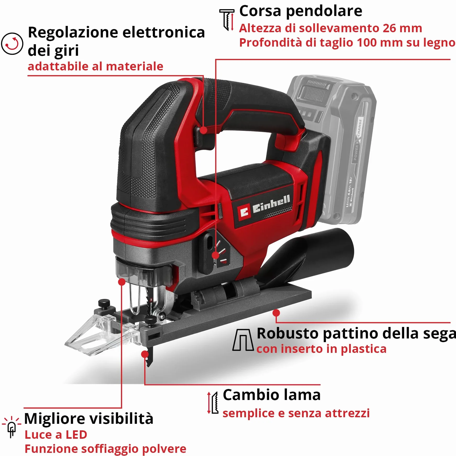 Seghetto alternativo Einhell Professional TE-JS 18/100 Li-Solo Power X-Change (18 V, profondità taglio 100 mm su legno, altezza sollevamento 26 mm, passo max. 45º, incl. lama, senza batteria)