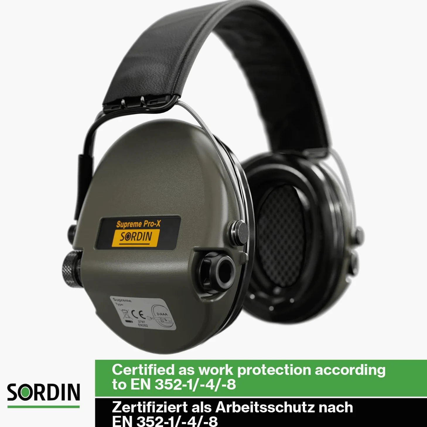 Sordin Pro-X LED Protezioni acustiche a capsula 75302-X/L-07-S - EN 352 - Cuscino in gel, Cinturino in pelle & capsule verdi