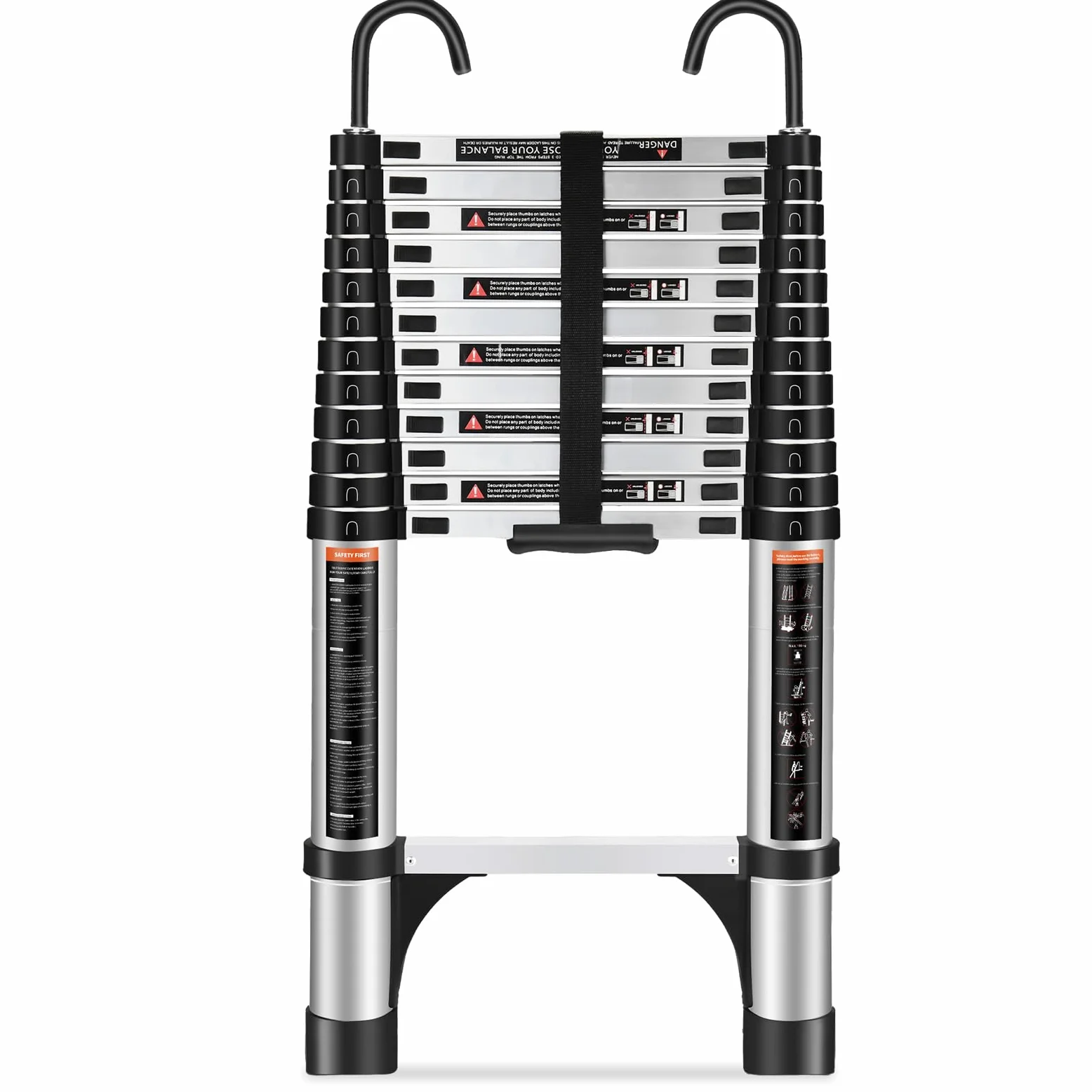 HBTower Scala telescopica da 3,8 metri con ganci e piedini antiscivolo, leggera scala pieghevole in alluminio per soppalchi, camper, esterni ed interni, capacità di 150 kg.Argentato