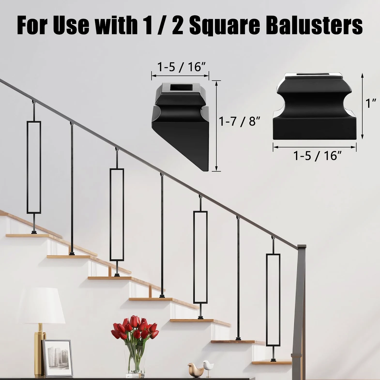 Balaustre per ponte, confezione da 16 balaustre in ferro battuto, mandrini in metallo per ringhiere da 1,27 cm, balaustre per scale con 32 scarpe a balaustra in ferro (8 dritte + 8