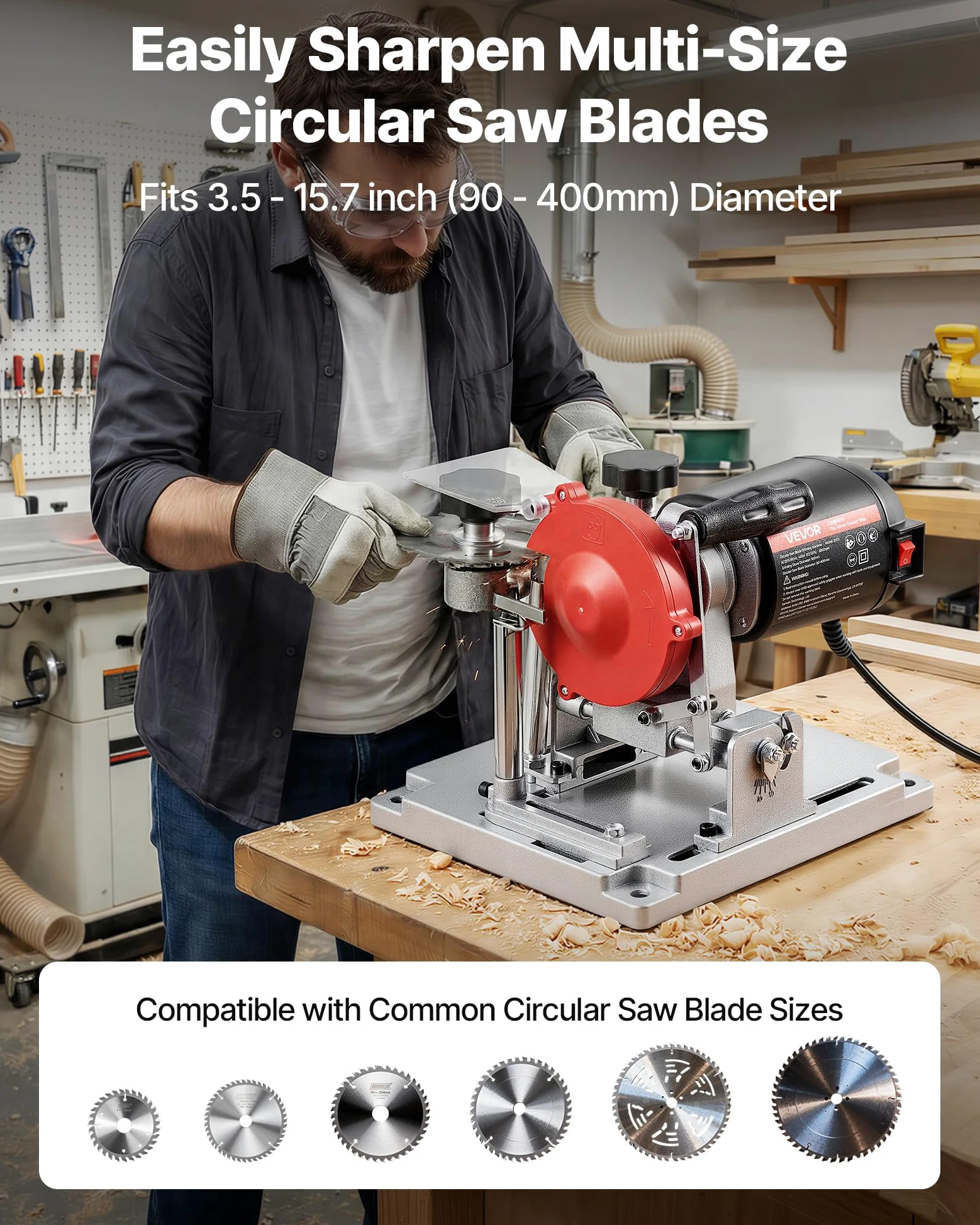 VEVOR Affilatrice per Lame Circolari Potente 140 W e 5700 RPM, Affilatrice per Dischi da Seghe Circolari Mole in Ceramica e Diamante da 10 cm, Adatta per Lame Circolari con Diametro da 9 cm a 40 cm