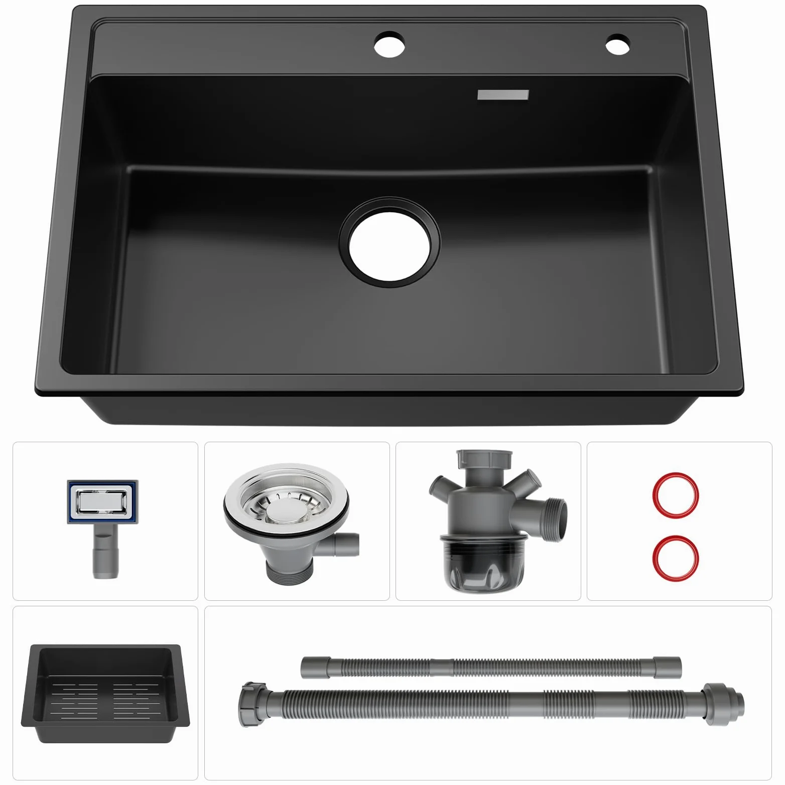 ANYCEE Lavello Cucina Nero 70x46 cm, Lavandino Cucina 1 Vasca con Cestello di Scarico, Lavello Granito per Mobile da 70 cm, Lavandino Nero di 80% Sabbia Quarzo con Sifone e Scarico