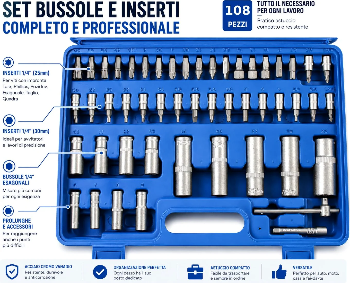 NLIGHTING Set Bussole Professionale 108 Pezzi con Cricchetto 1/4" e 1/2", Inserti Torx Allen Phillips, Bussole Corte e Lunghe, Valigetta Rigida Compatta, Kit Completo per Officina e Fai da Te
