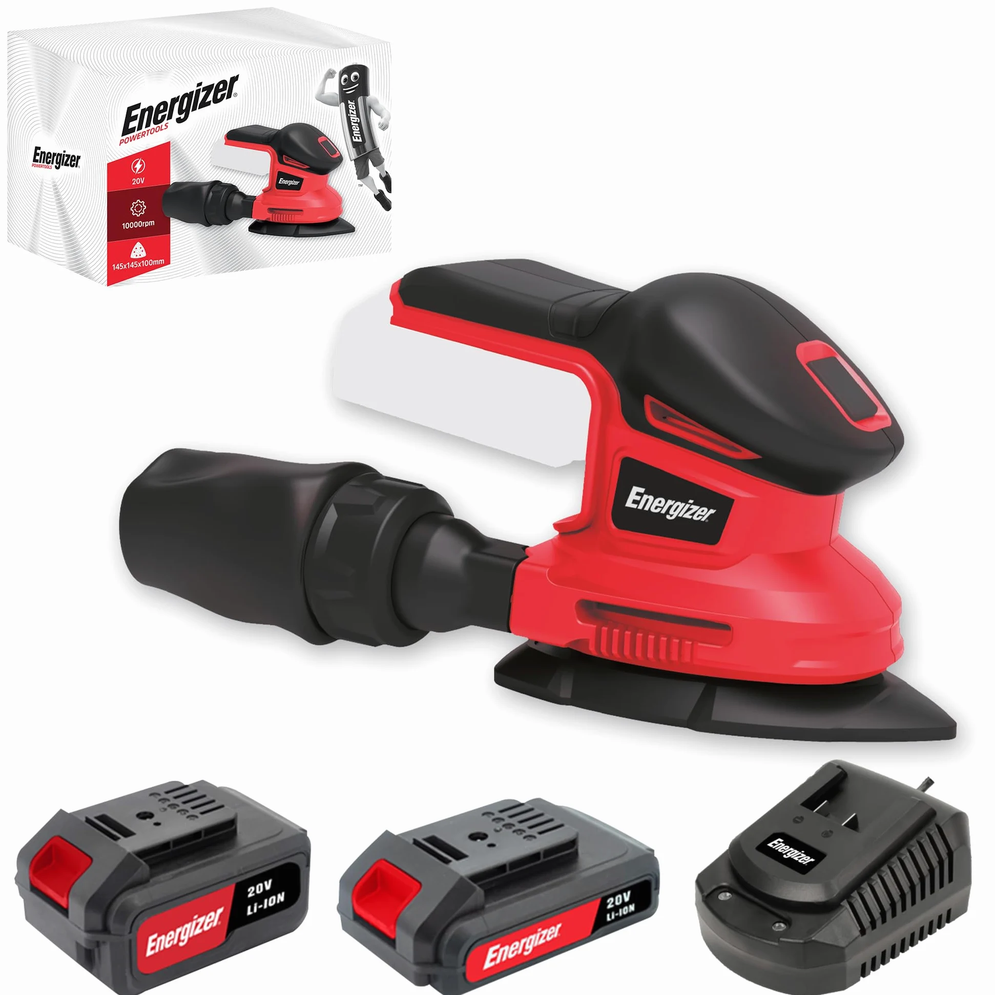 Energizer - Levigatrice Orbitale Multifunzione Triangolare Senza Fili 20V con Batterie Incluse – 10000 OPM, Sacchetto Aspirapolvere, 10 Fogli Abrasivi Inclusi (P60/80/120), Ideale per Finiture e Fa